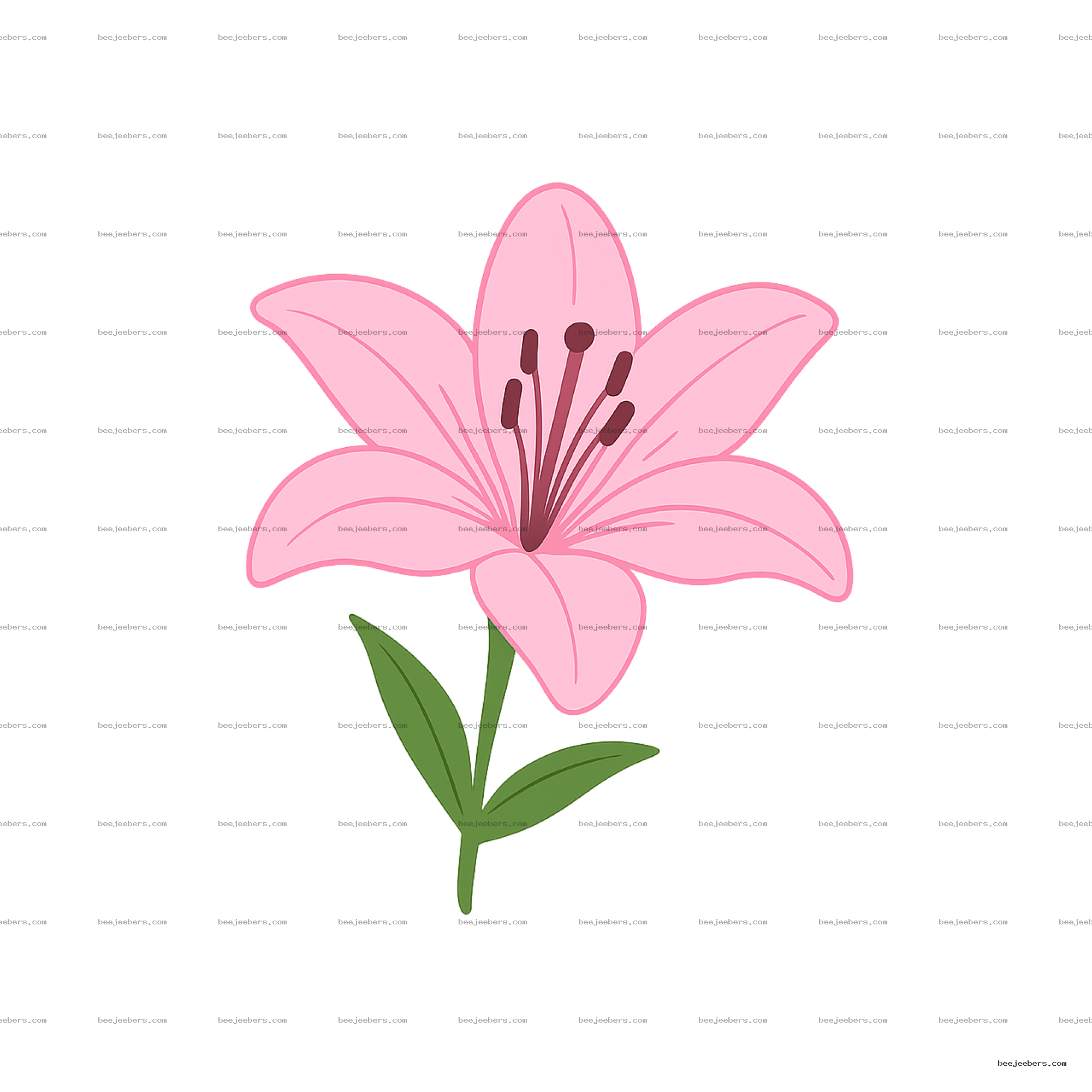 Clean vector pink lily flower with green stem and leaves on transparent background