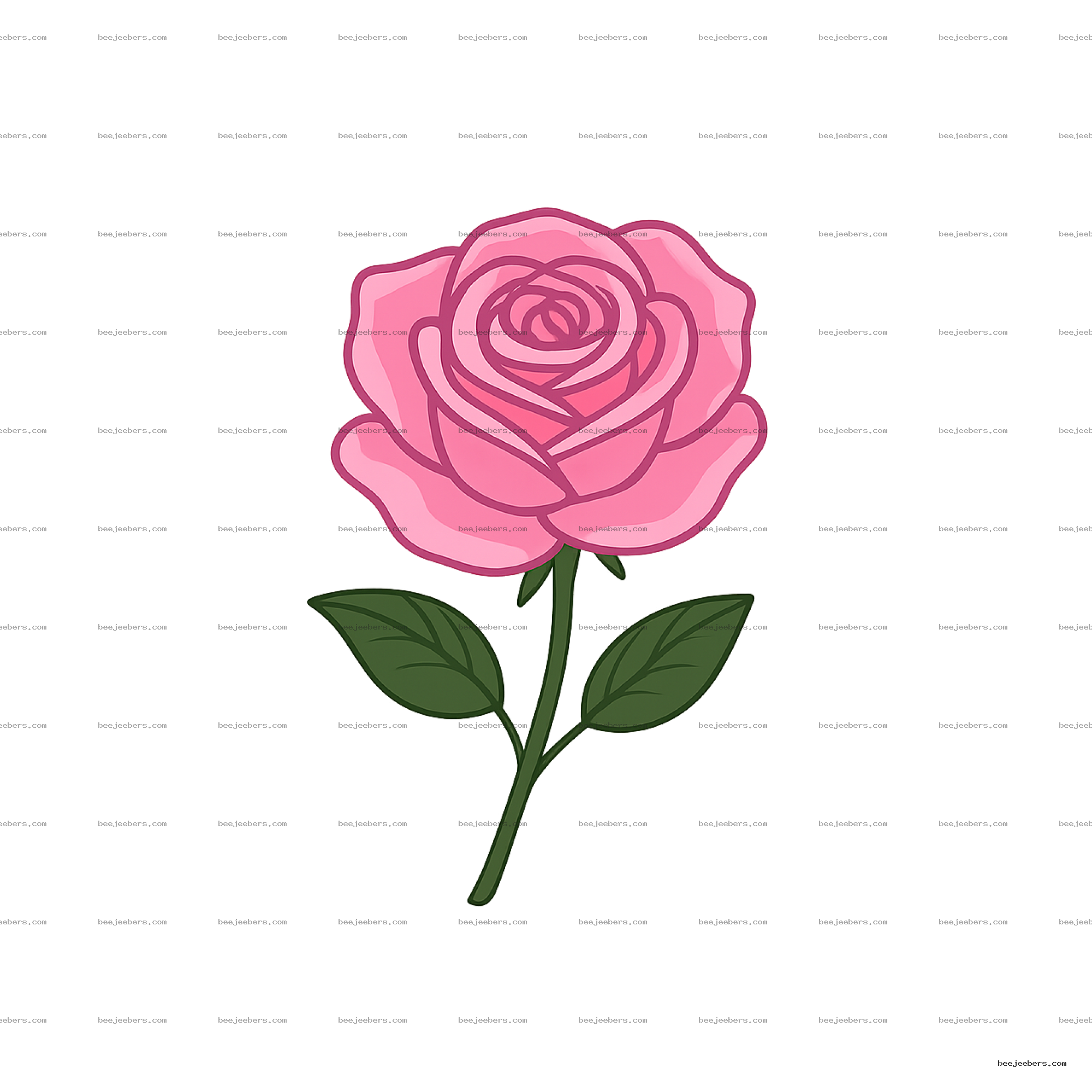 Clean vector illustration of a pink rose flower with green leaves on transparent background