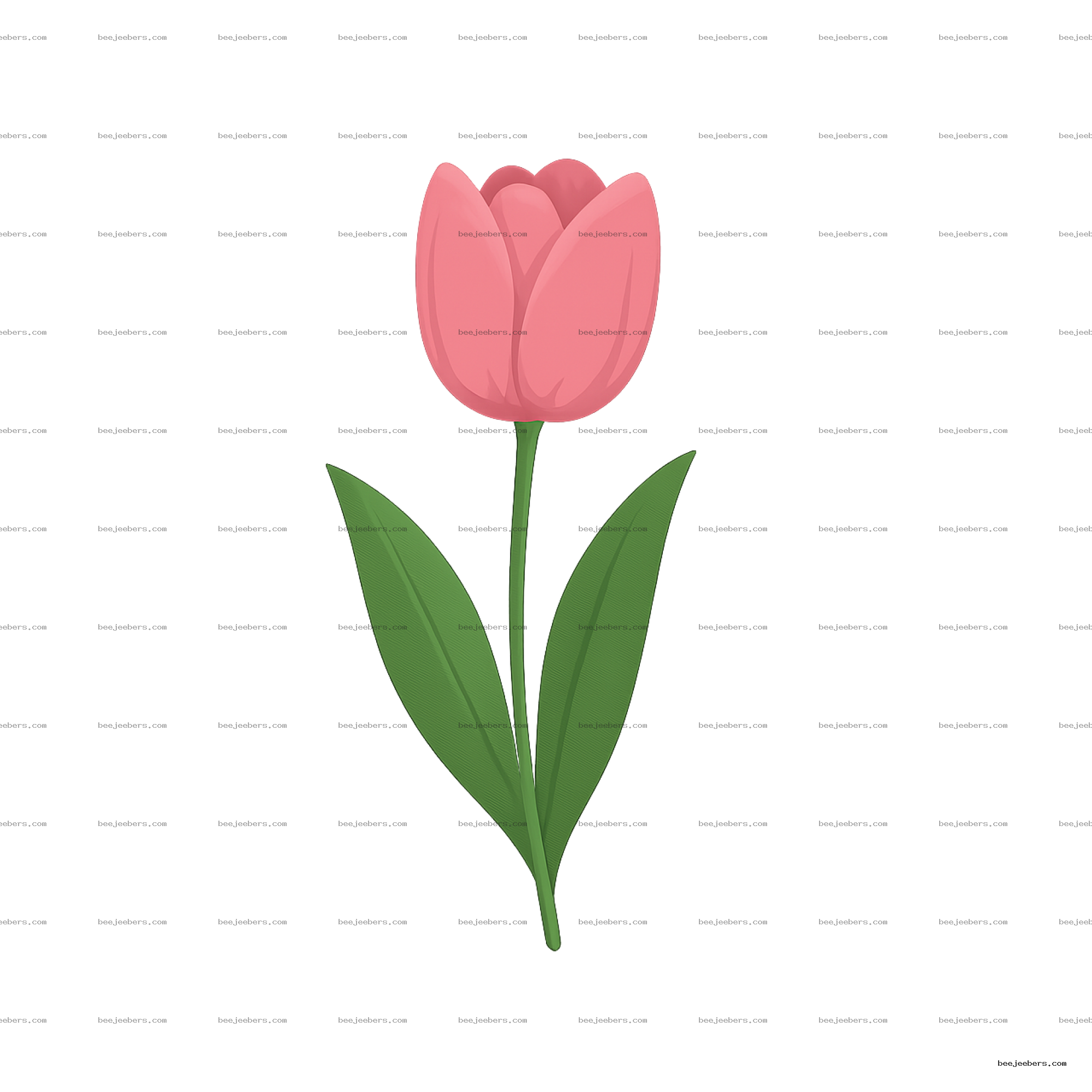Clean vector illustration of a pink tulip flower with green stem and leaves on transparent background