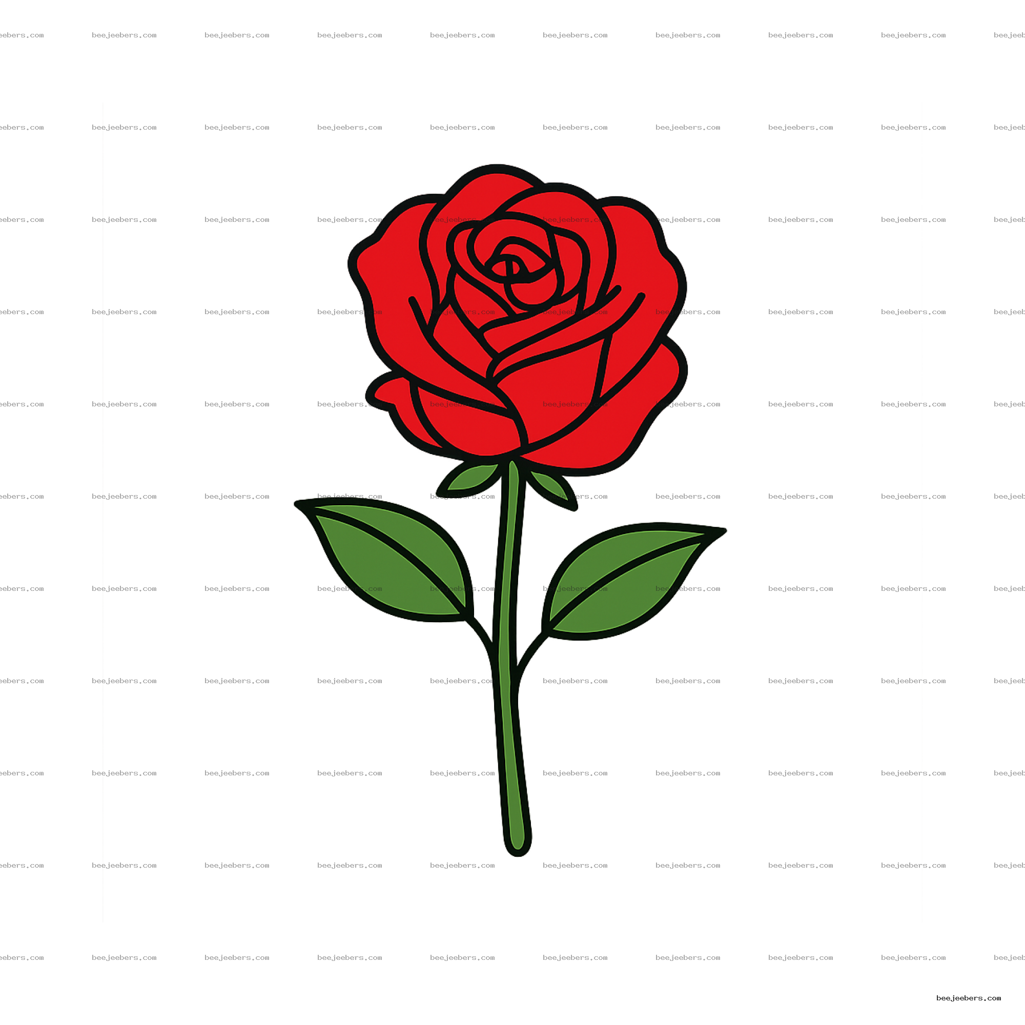 Clean vector illustration of a single red rose flower with green leaves on transparent background