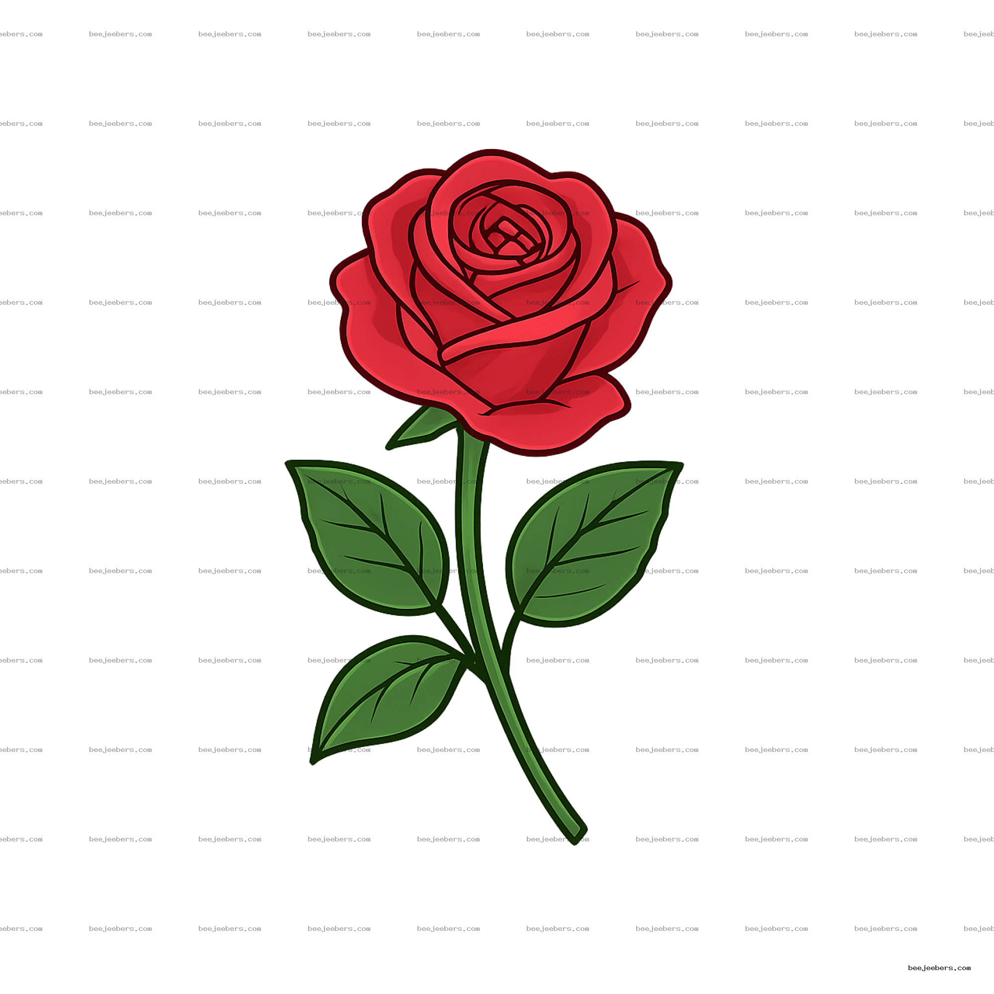 Red rose flower with stem and green leaves in clean vector style on transparent background