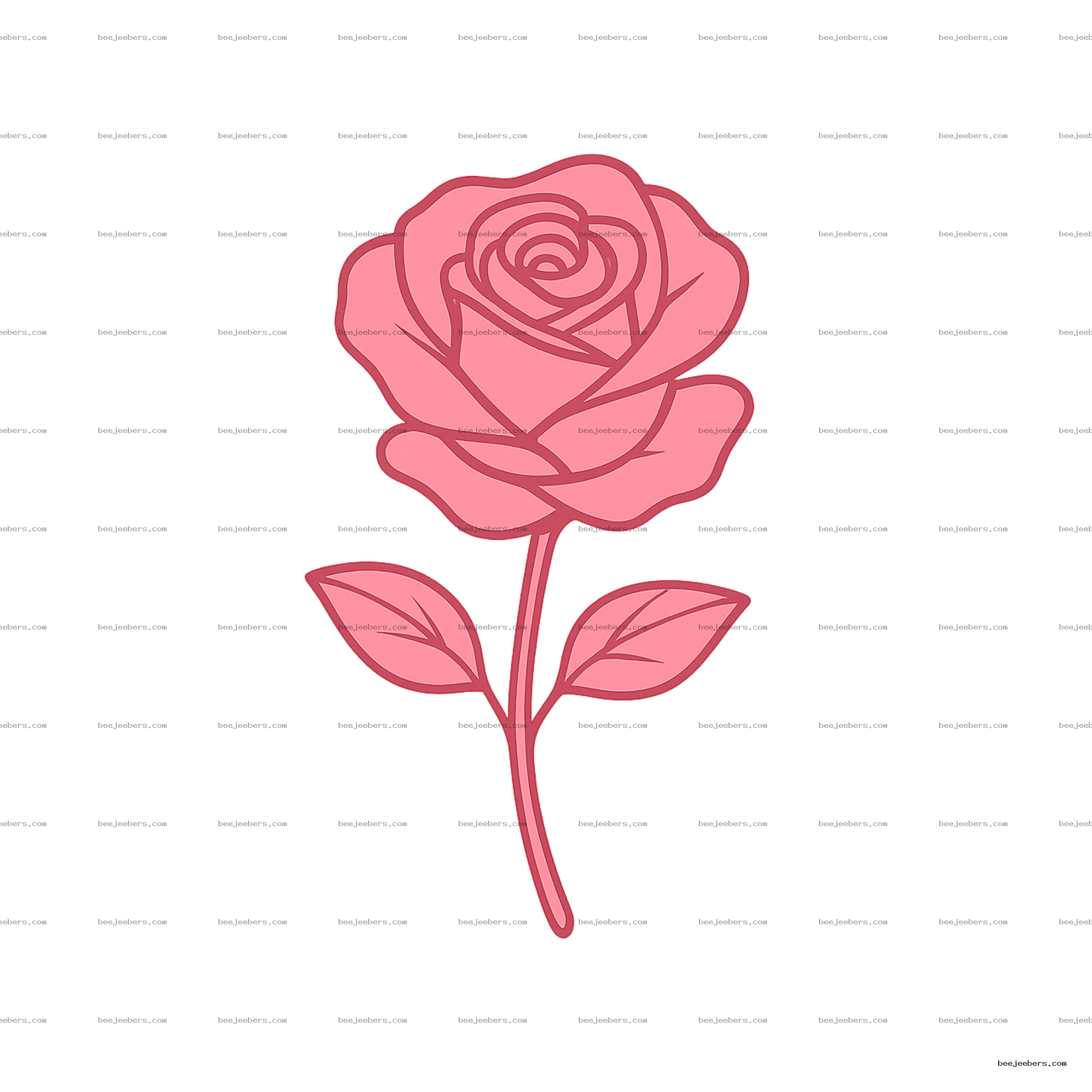 Clean vector rose pink flower illustration with stem and leaves on transparent background