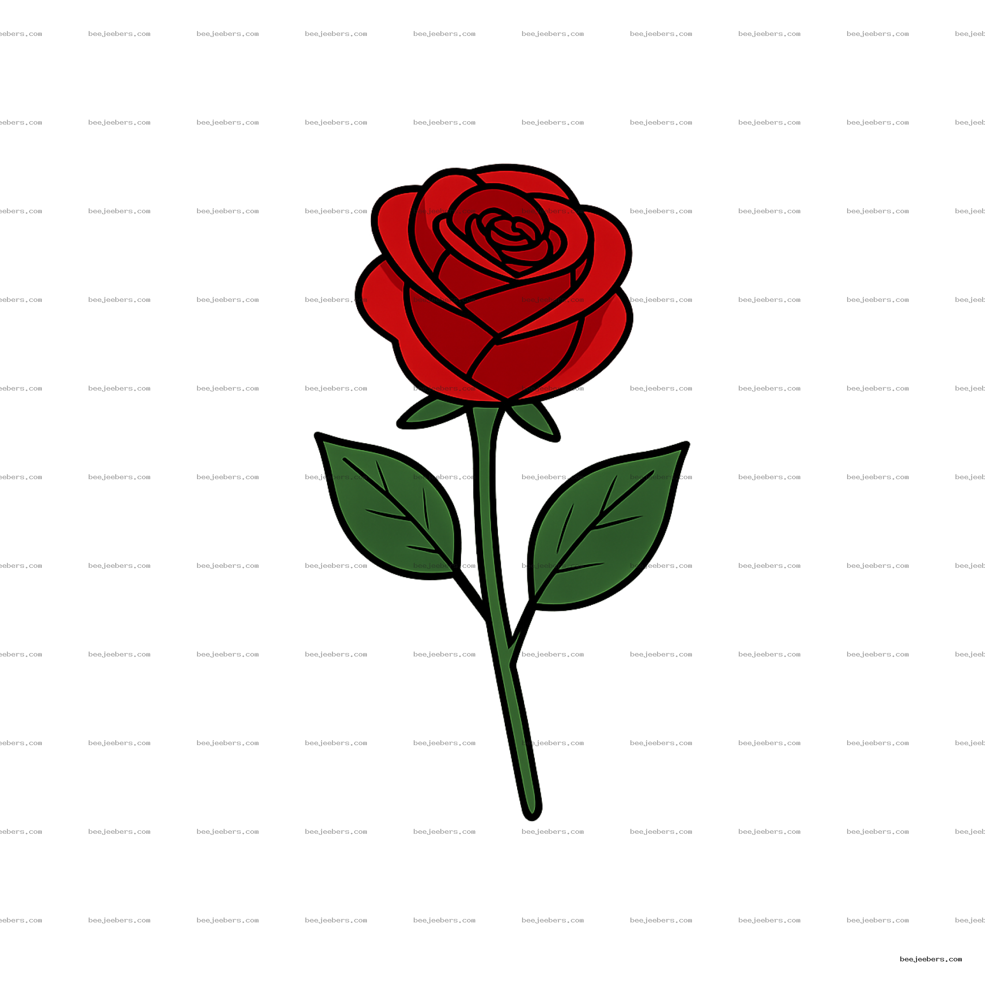 Clean vector illustration of a red rose with green leaves on transparent background