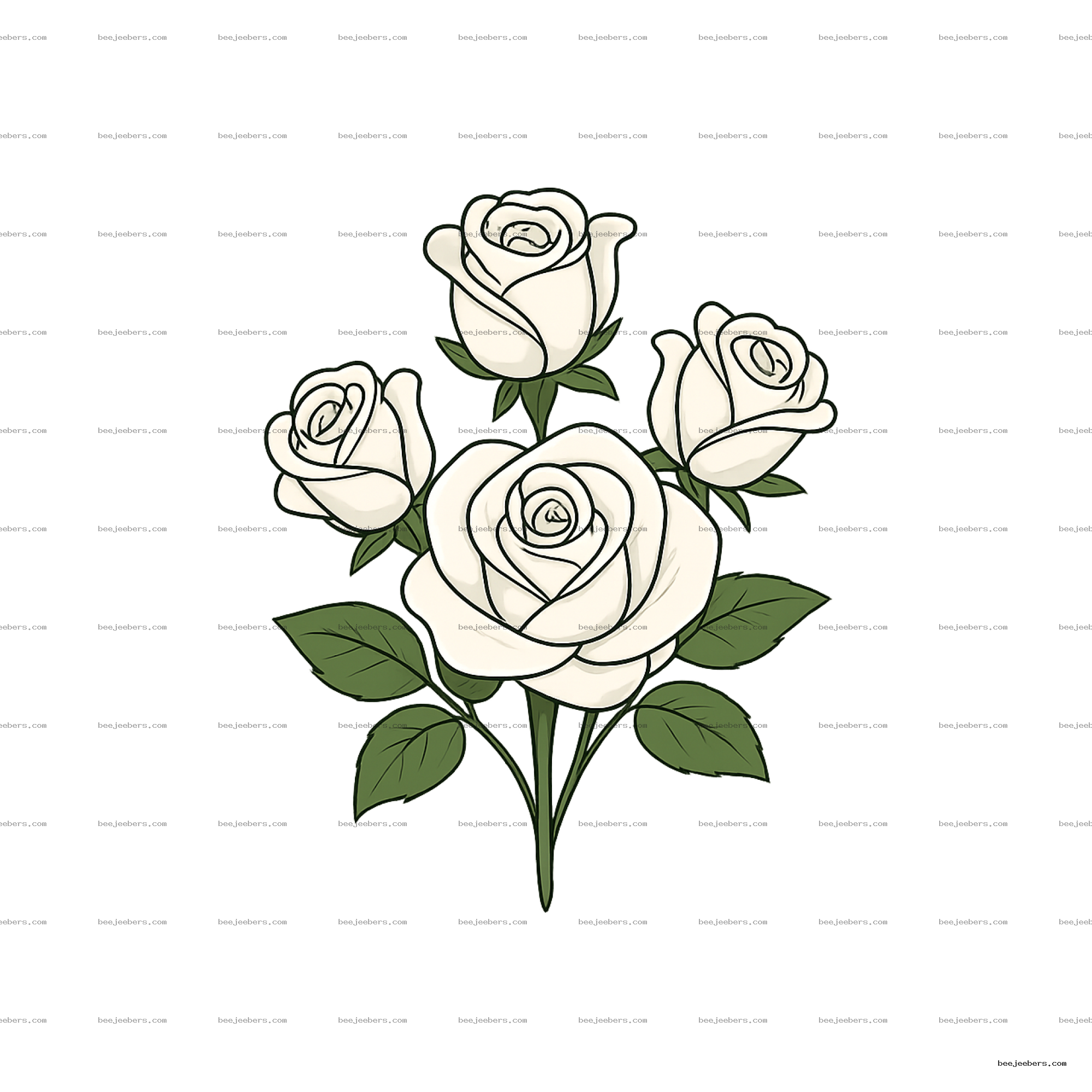 Vector illustration of five white roses with green leaves on transparent background