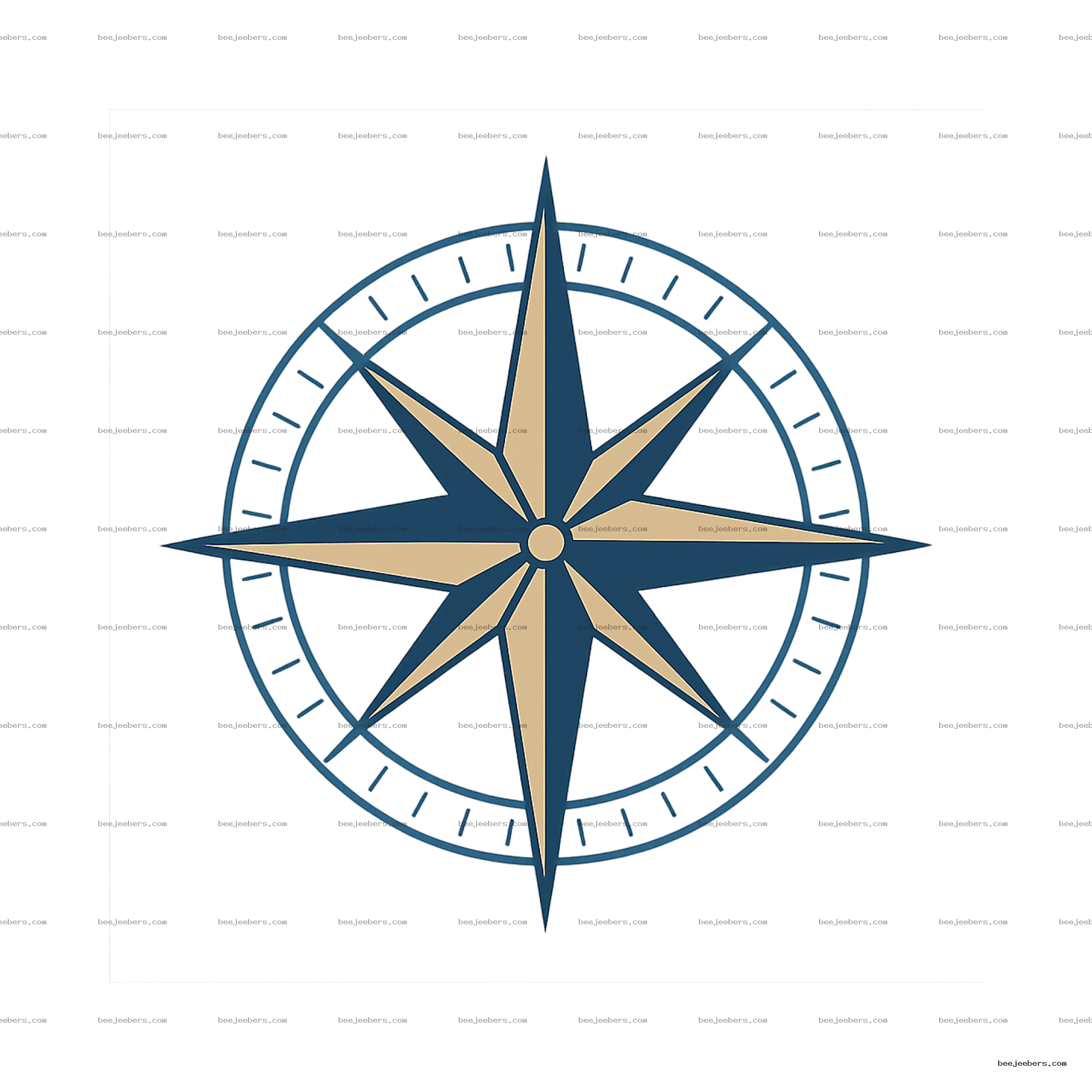Clean vector wind rose compass PNG in navy and beige with transparent background