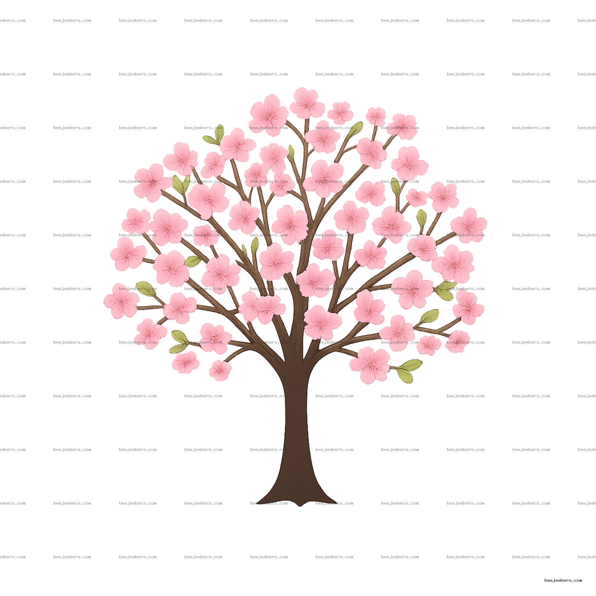 Clean vector illustration of a blossom tree with pink flowers and green leaves on transparent background