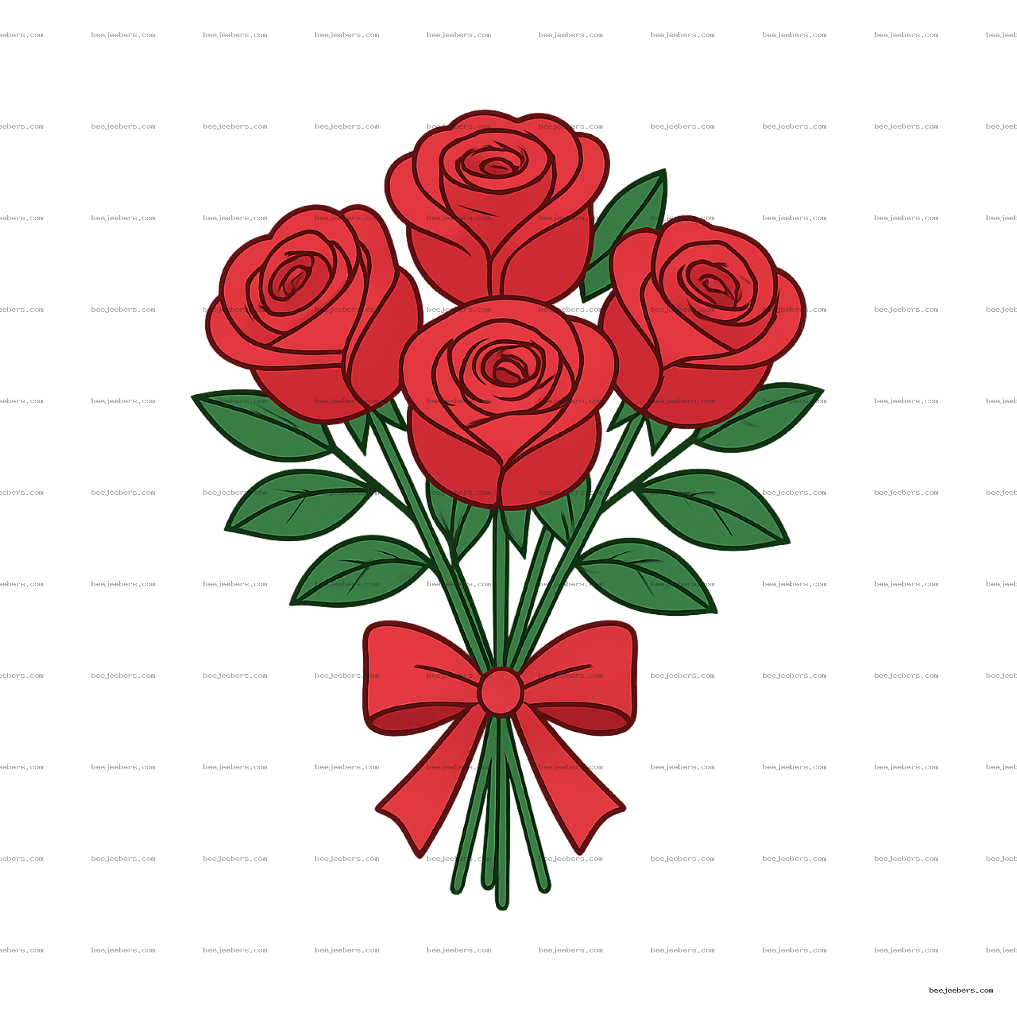 Clean vector bouquet of five red roses with green leaves and a red bow on transparent background