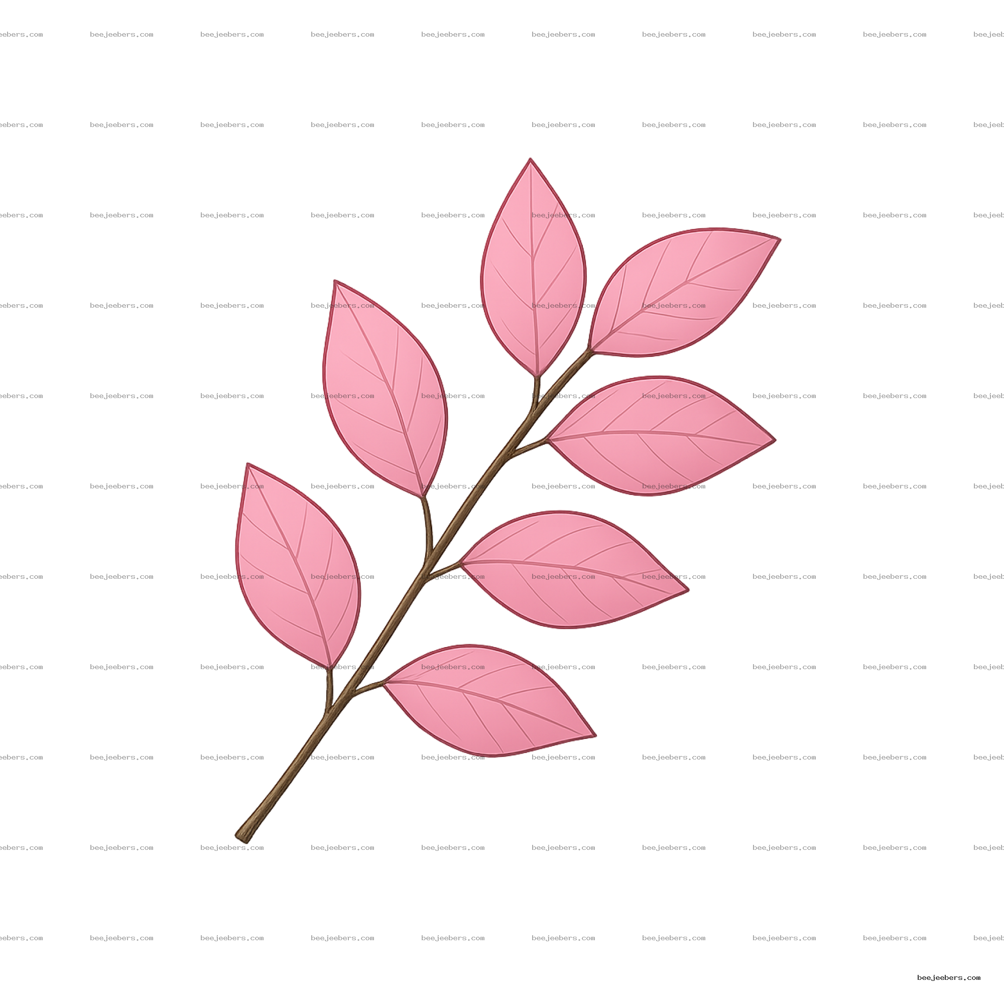Clean vector pink cherry blossom leaf branch with visible veins on transparent background