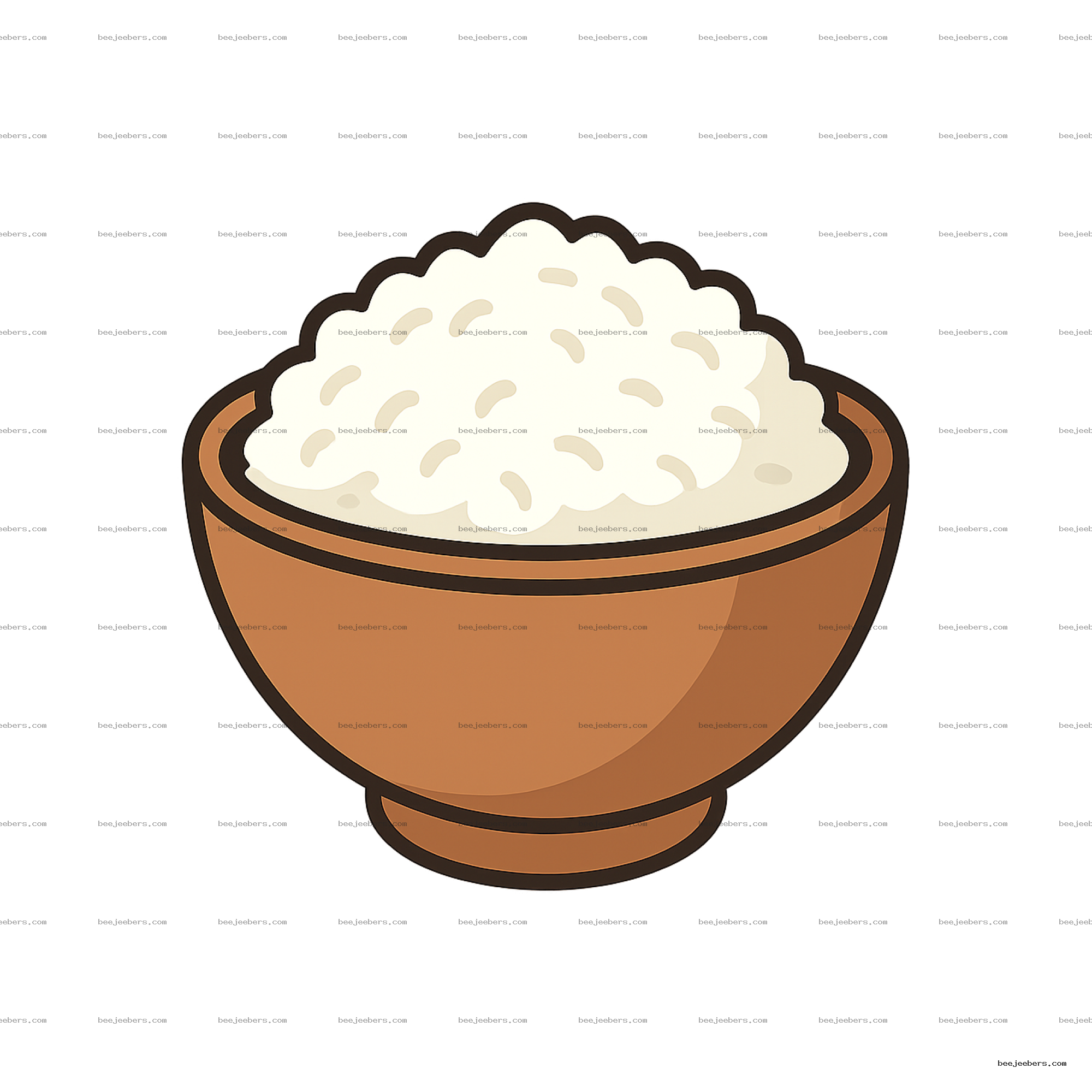 Clean vector illustration of a brown bowl filled with fluffy white cooked rice with transparent background