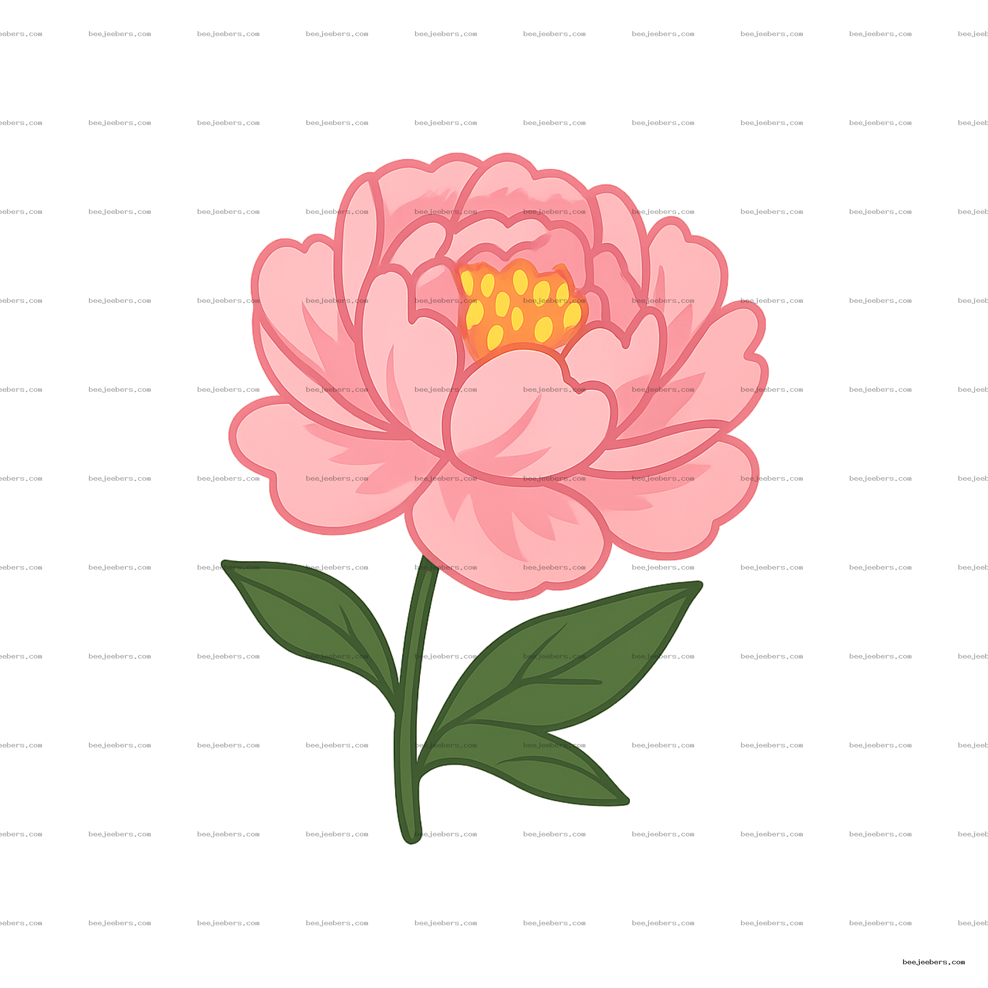 Clean vector illustration of a pink peony flower with green leaves and yellow center on transparent background