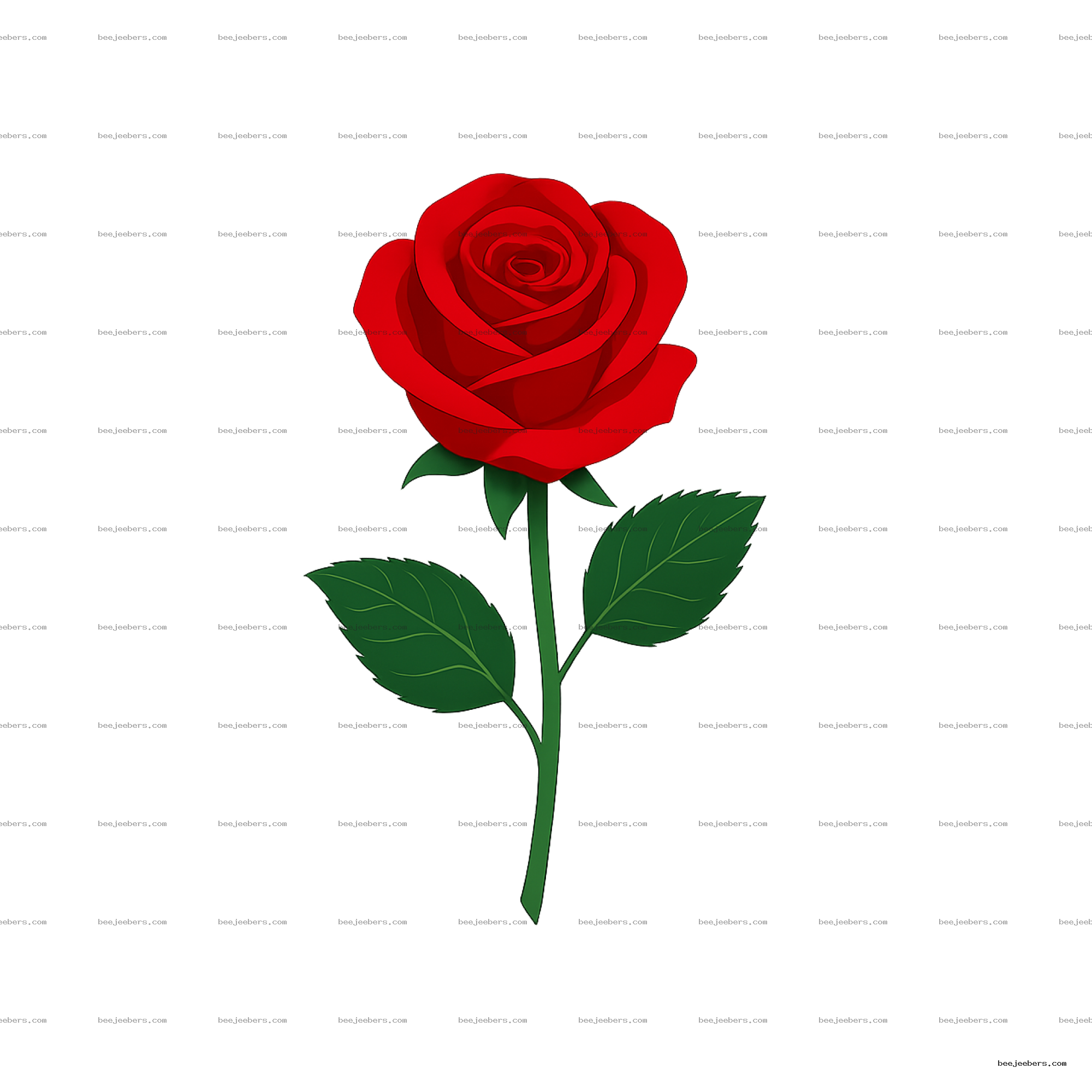 Clean vector red rose flower with green stem and leaves on transparent background