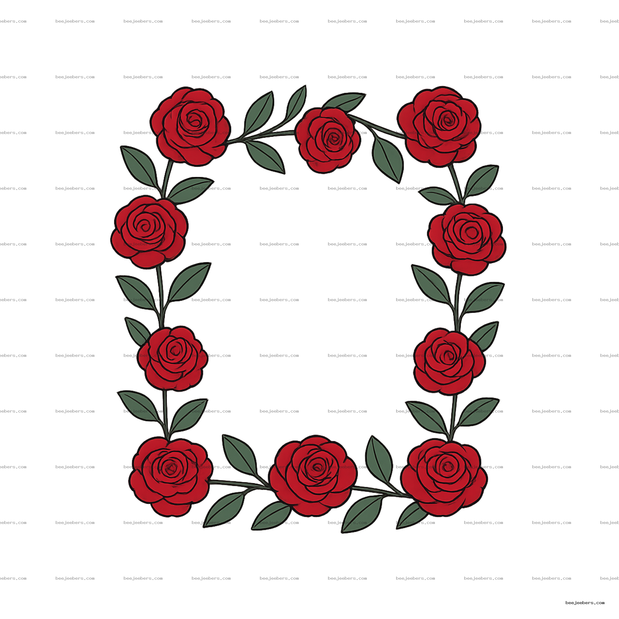 Circular red rose wreath border with green leaves in clean vector style on transparent background