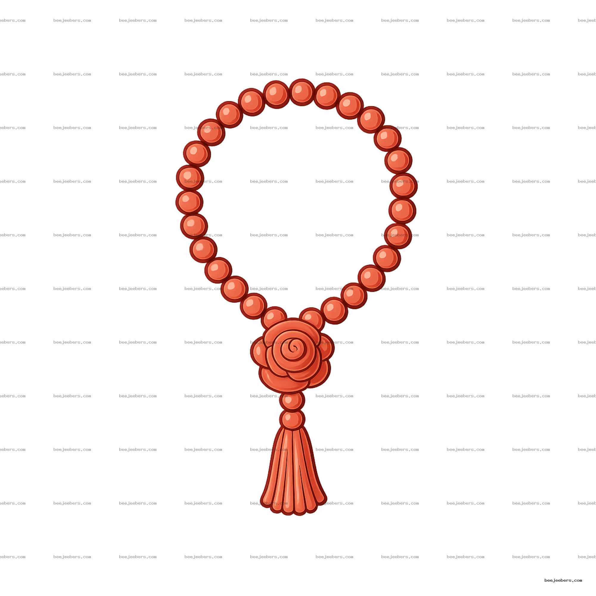 Orange-red rose flower mala necklace with round beads and tassel on transparent background