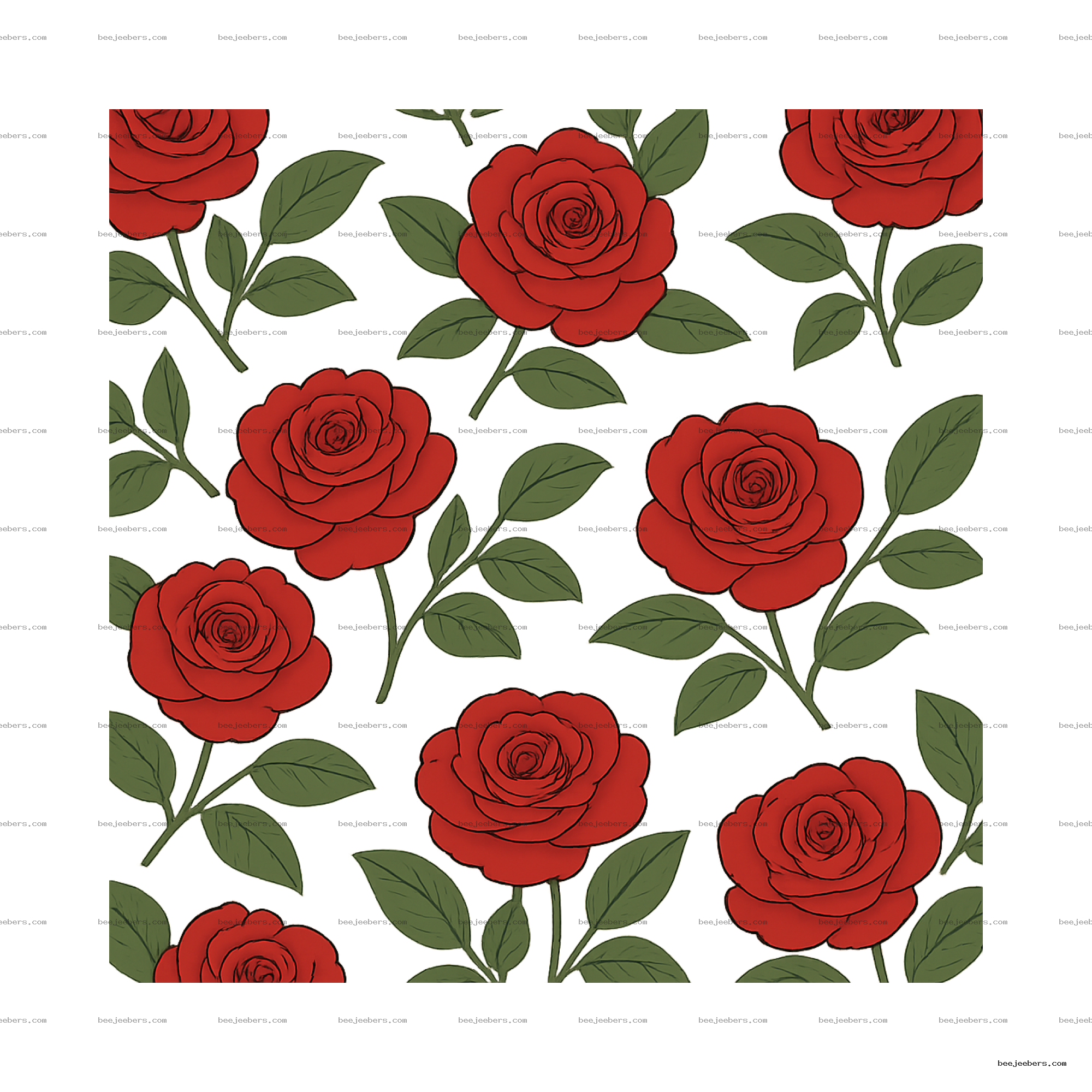 Seamless red rose pattern with green leaves on transparent background vector PNG