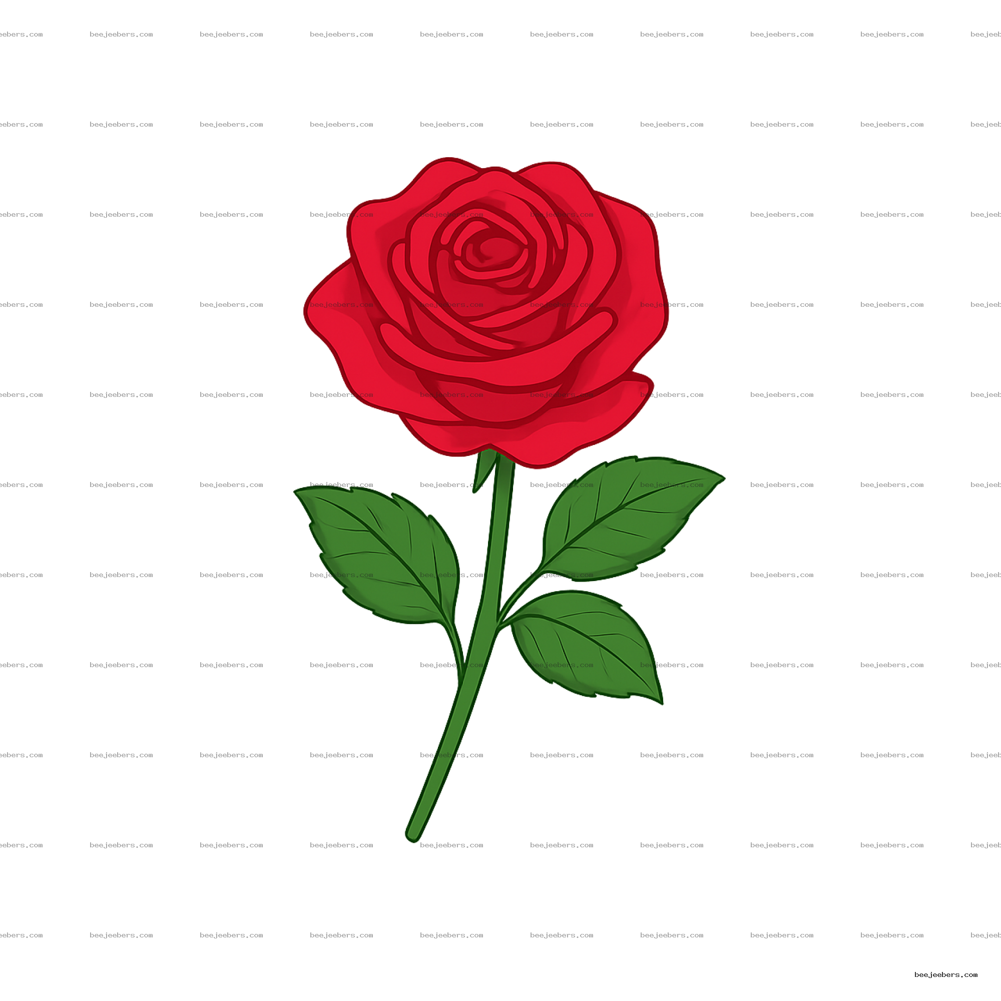Clean vector illustration of a single red rose with green leaves on transparent background