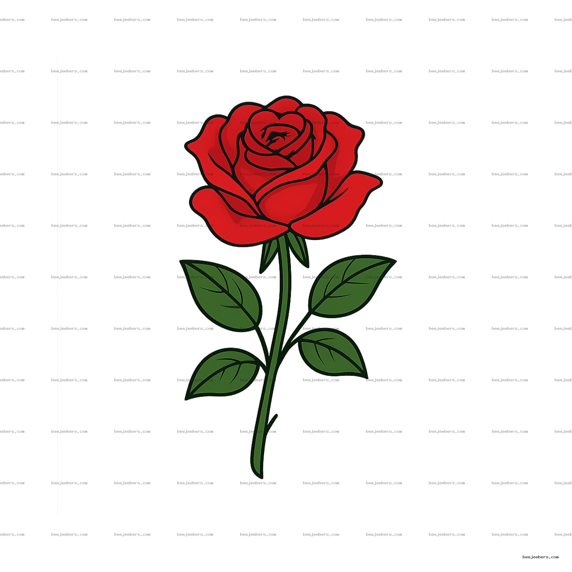 Clean vector illustration of a red rose with green leaves on transparent background