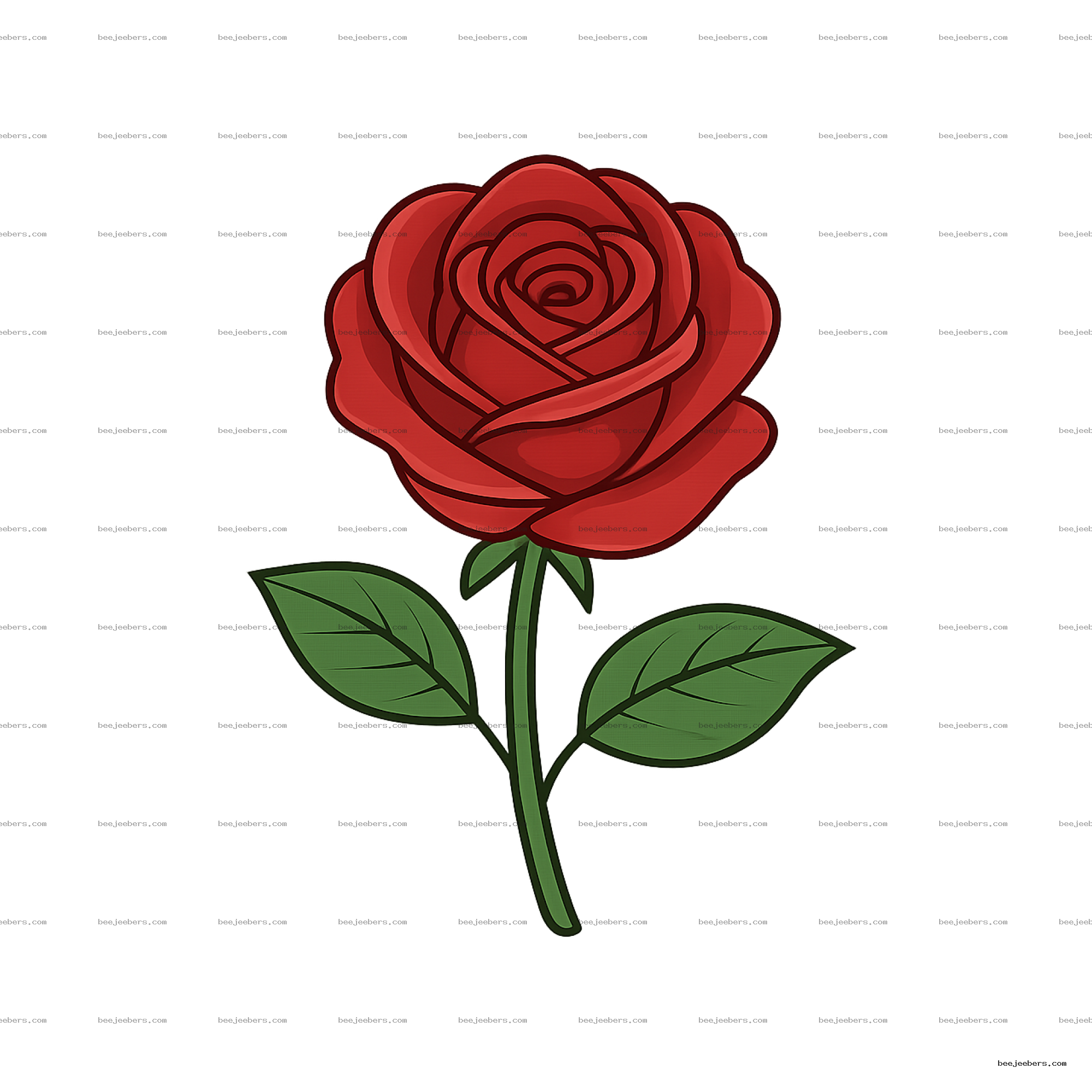 Clean vector red rose with green leaves on transparent background