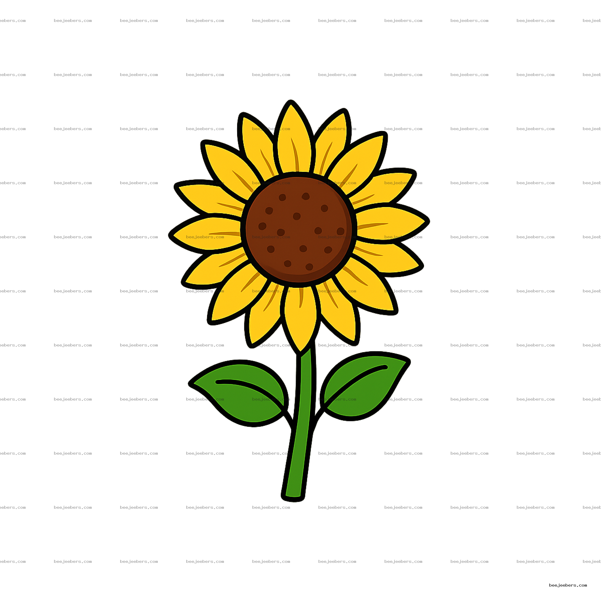 Cartoon sunflower with yellow petals, brown center, green stem, and leaves on a transparent background.