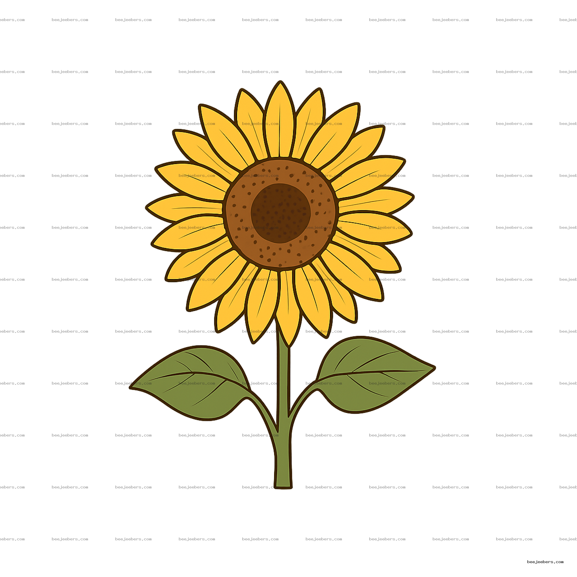 Vector illustration of a sunflower with yellow petals and green leaves on transparent background