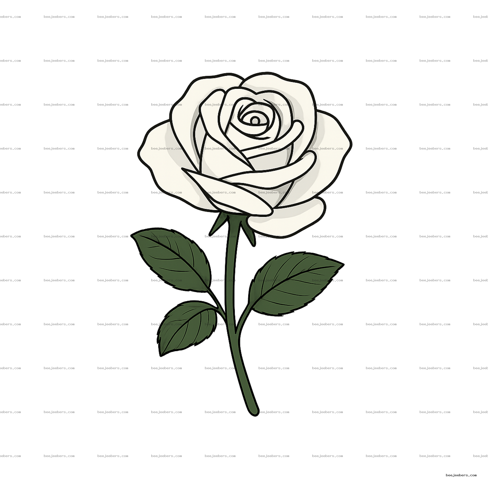 Clean vector illustration of a white rose with green leaves on a transparent background