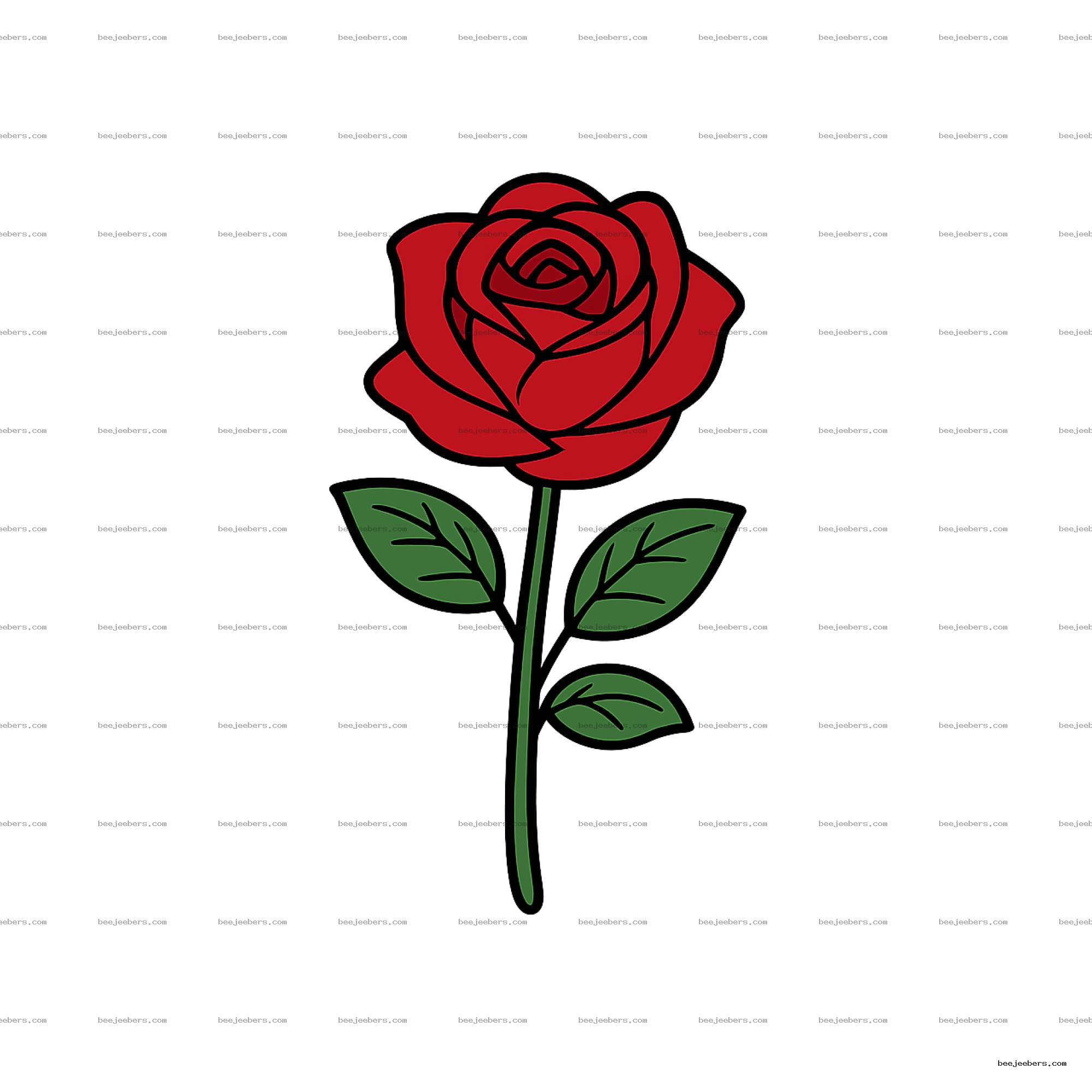 Simple cartoon red rose with green leaves and stem in vector style on transparent background