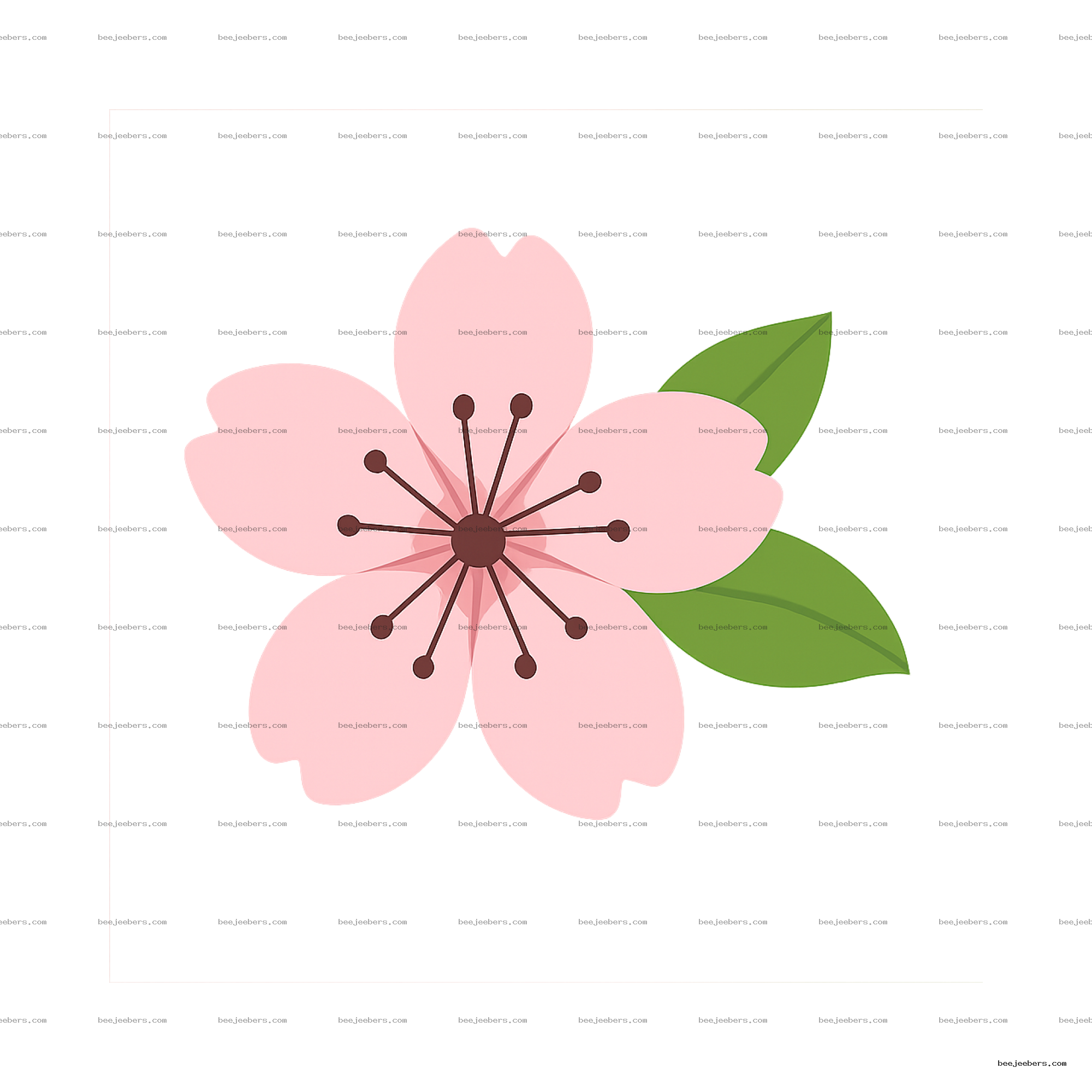 Pink cherry blossom flower vector illustration with green leaves on transparent background