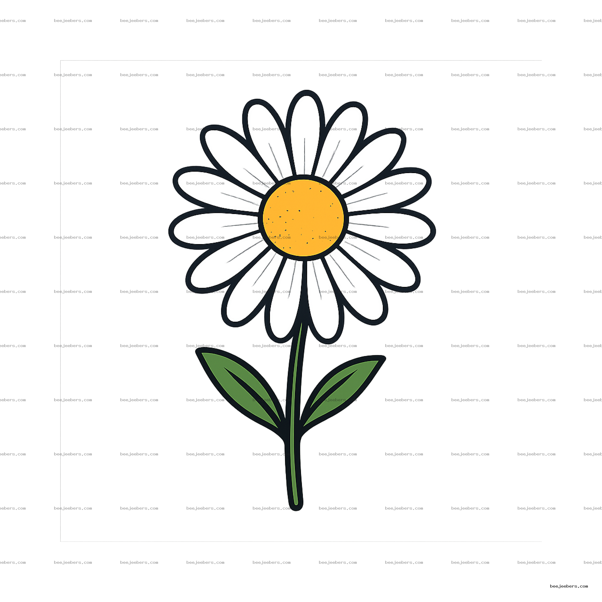 Clean vector clipart of a daisy flower with yellow center, white petals, green stem and leaves on transparent background