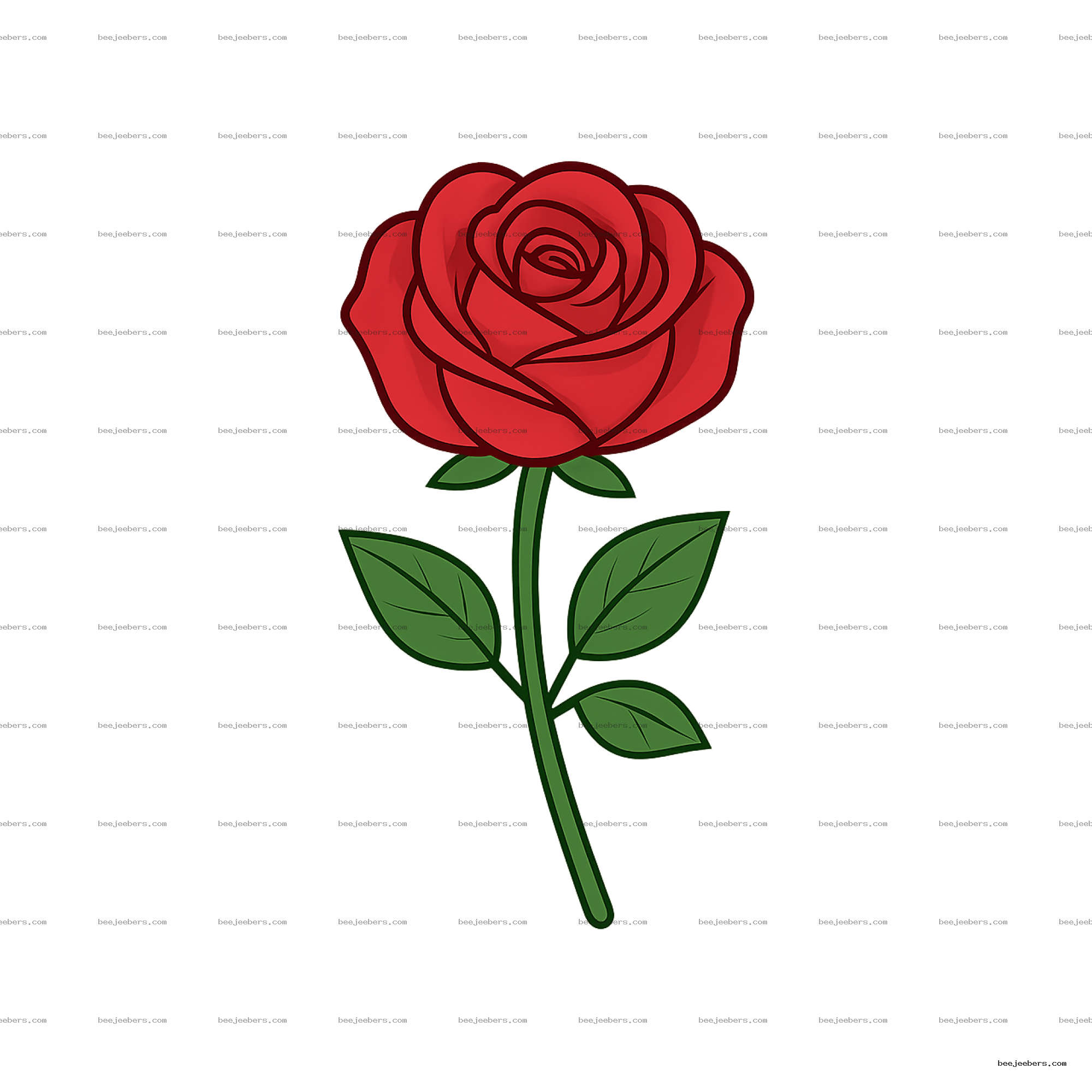 Clean vector red rose flower with green stem and leaves on transparent background