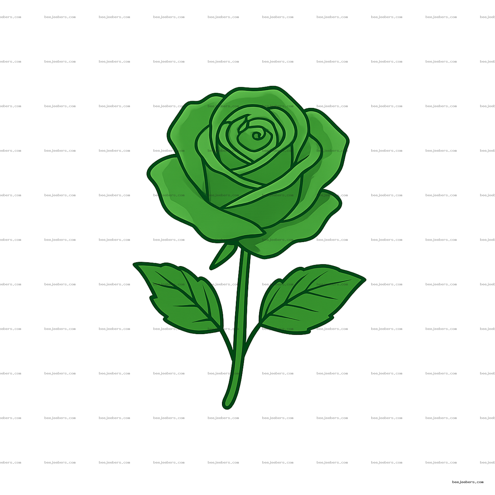 Clean vector illustration of a green rose with two leaves and stem on transparent background