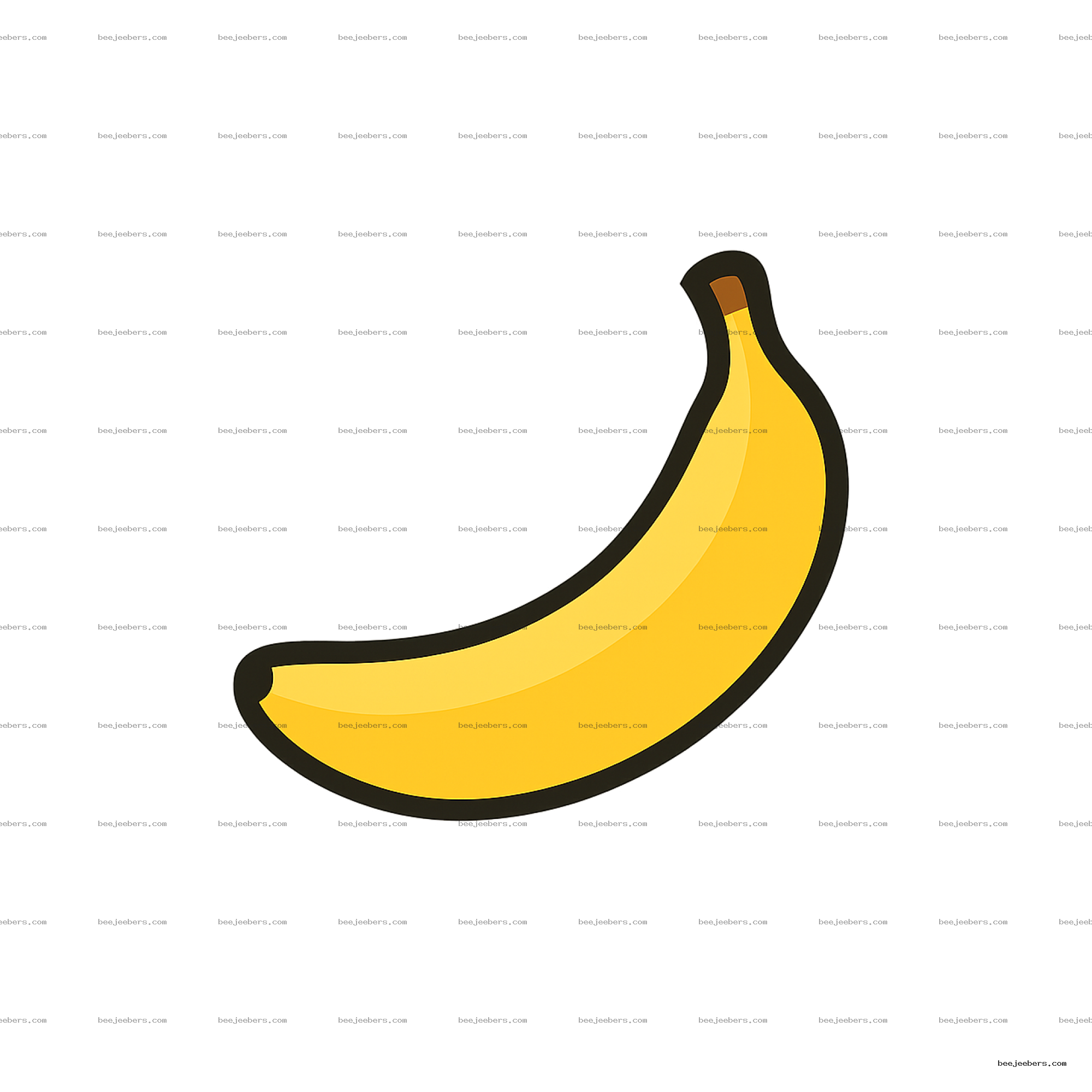 Clean vector illustration of a ripe yellow banana with dark tip and black outline on transparent background.