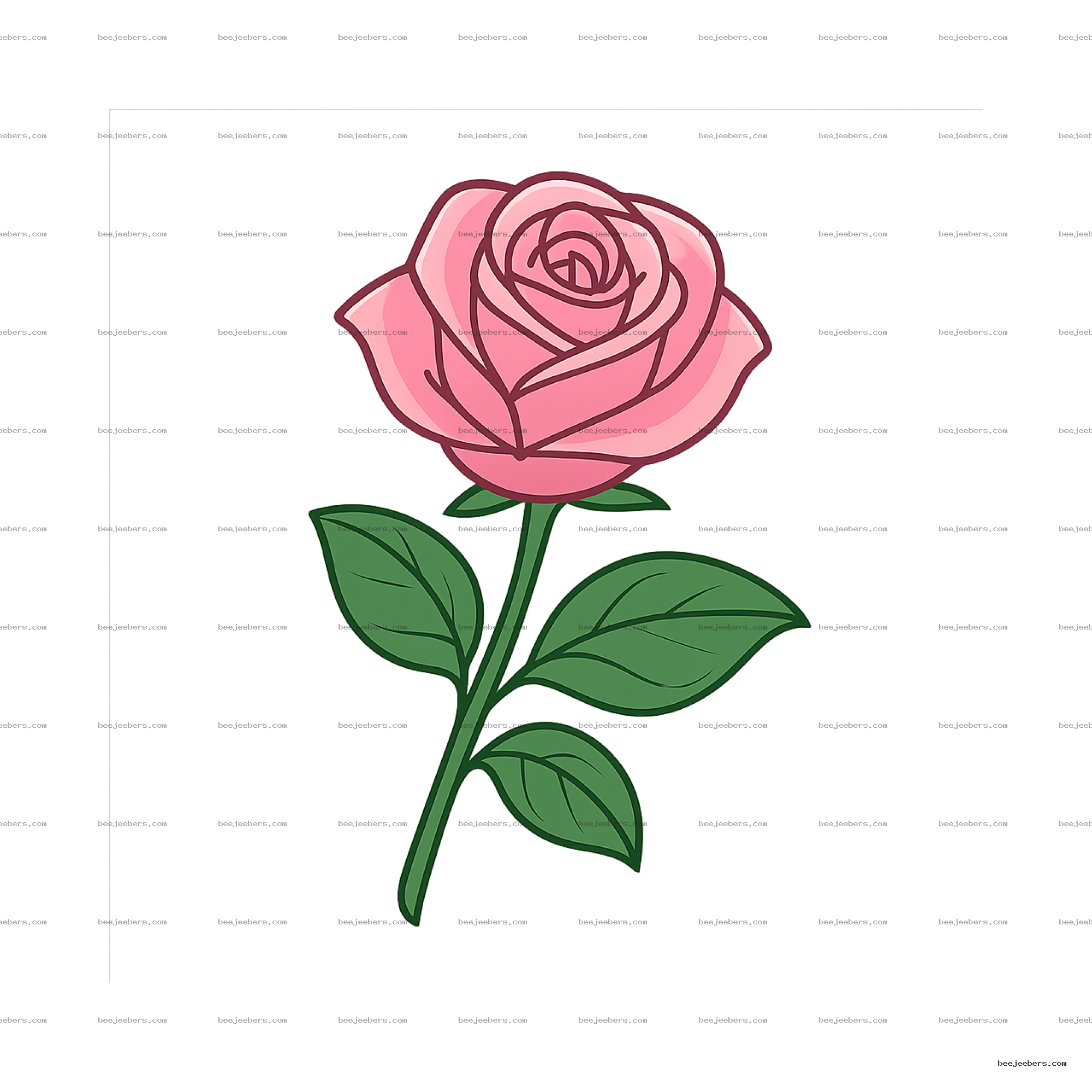 Clean vector pink rose with green leaves on transparent background