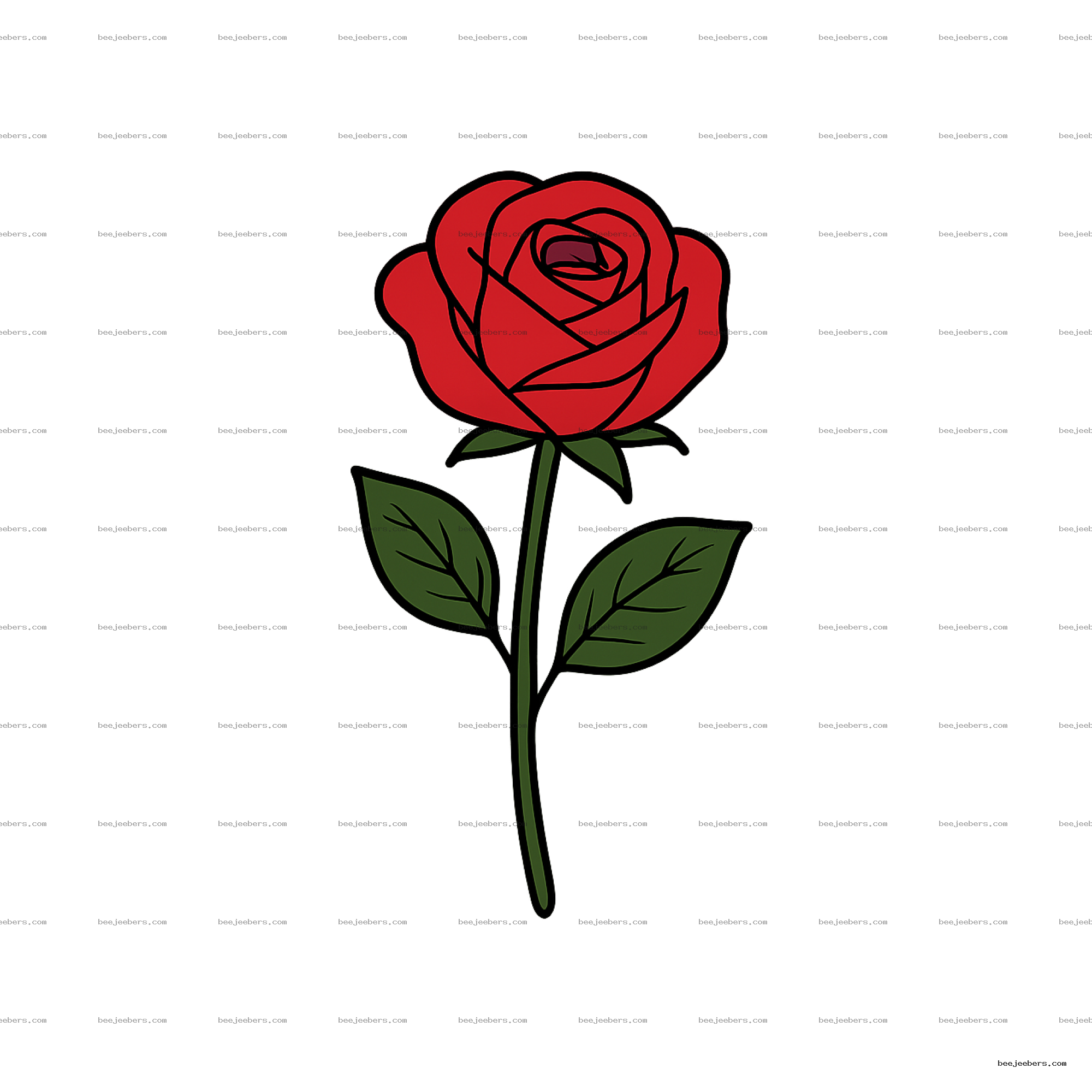 Clean vector illustration of a red rose with green leaves on transparent background