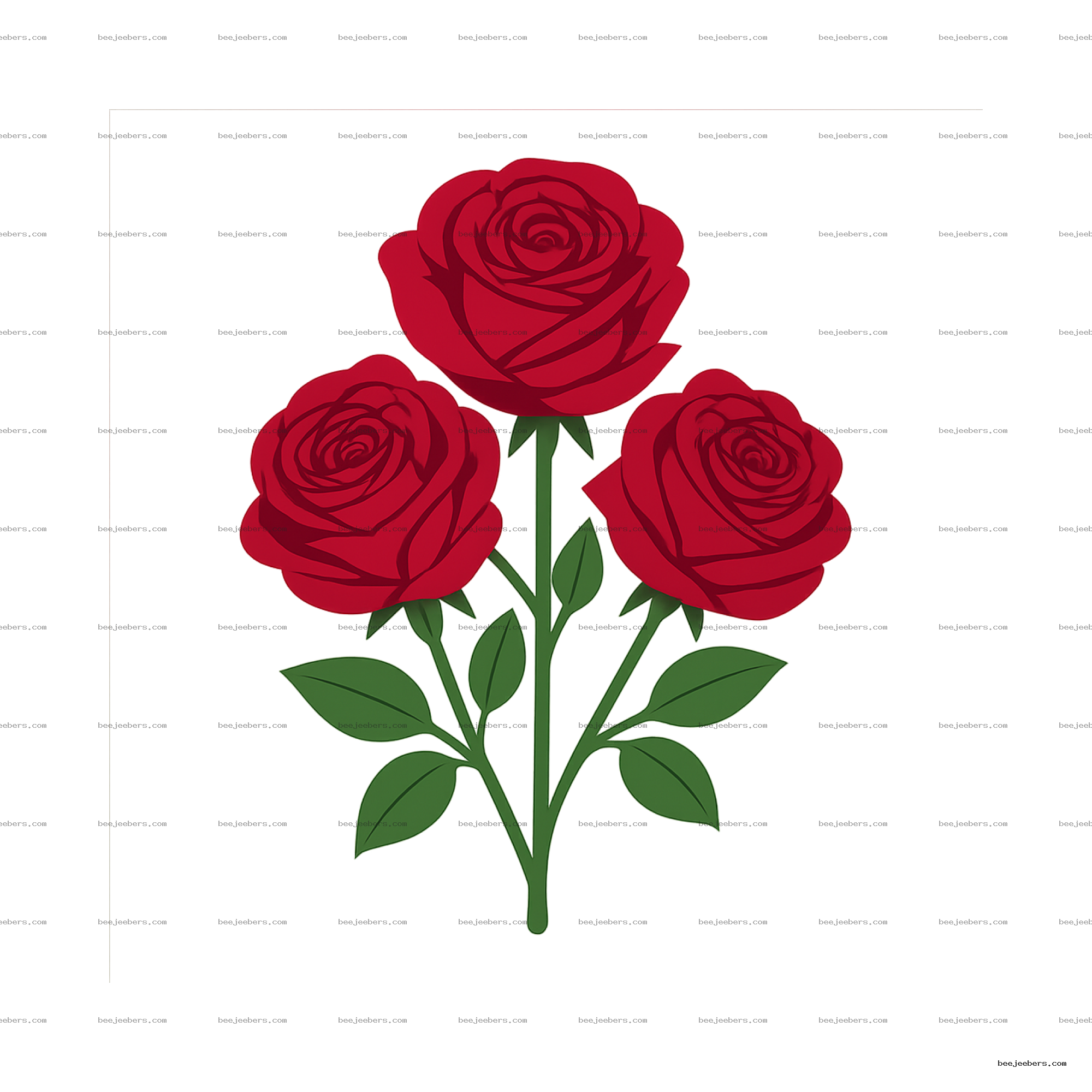 Vector illustration of three red roses with green stems and leaves on transparent background