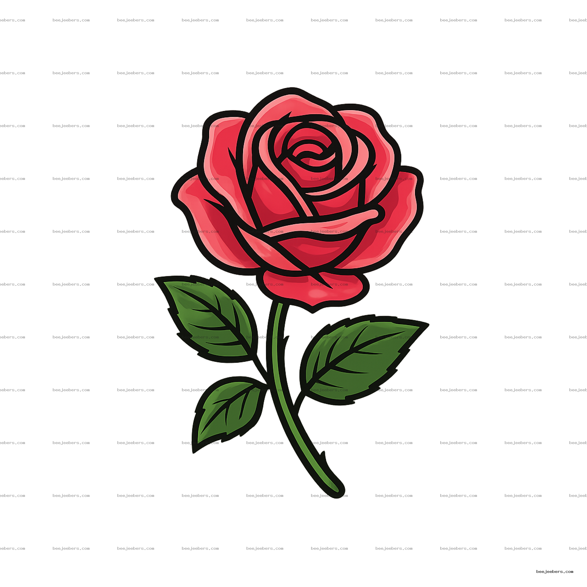 Clean vector illustration of a single red rose with green leaves on transparent background
