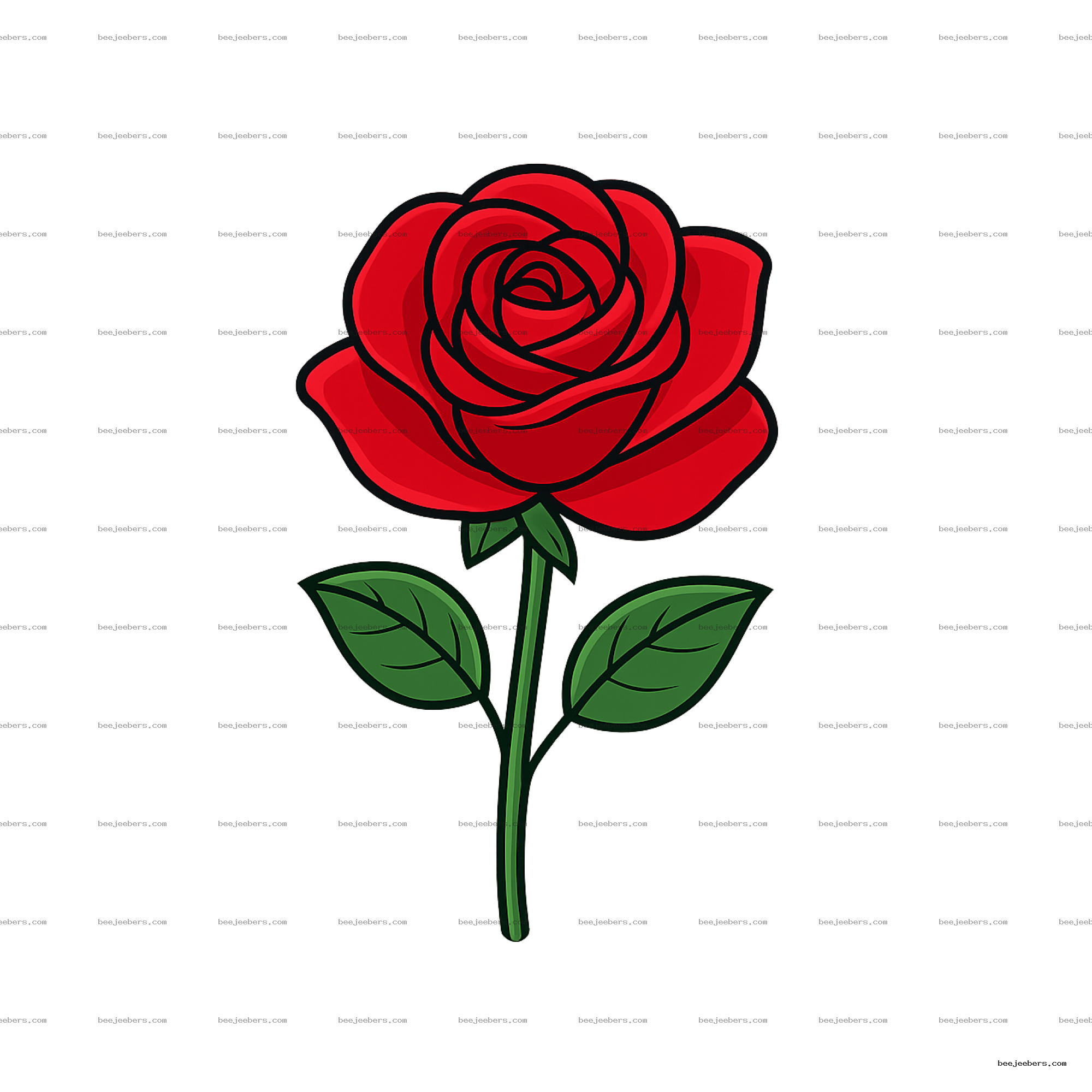 Red rose flower vector illustration with green stem and leaves on transparent background