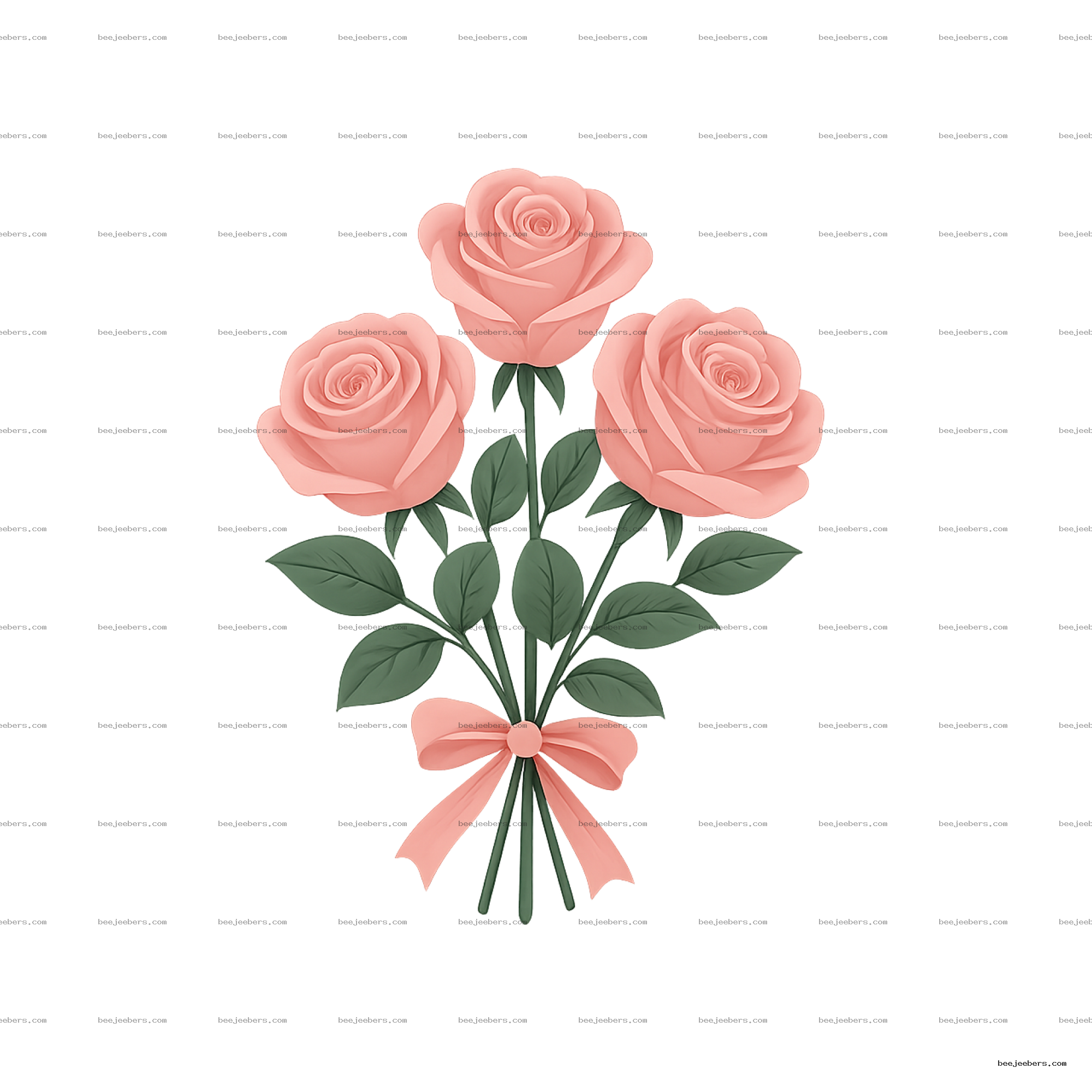 Clean vector pink rose bouquet with three roses and green leaves tied with a pink ribbon, transparent background