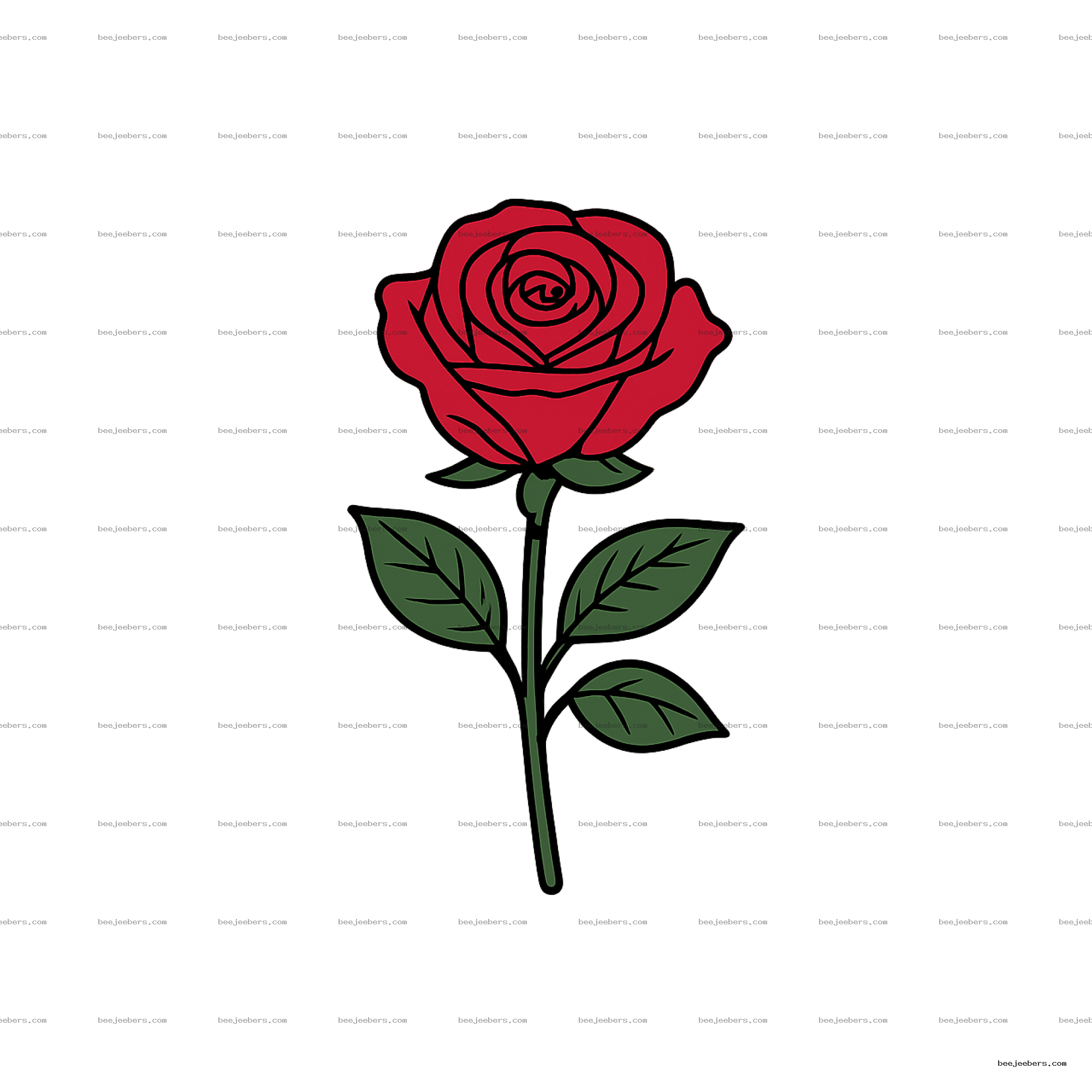 Clean vector illustration of a red rose with green leaves on transparent background