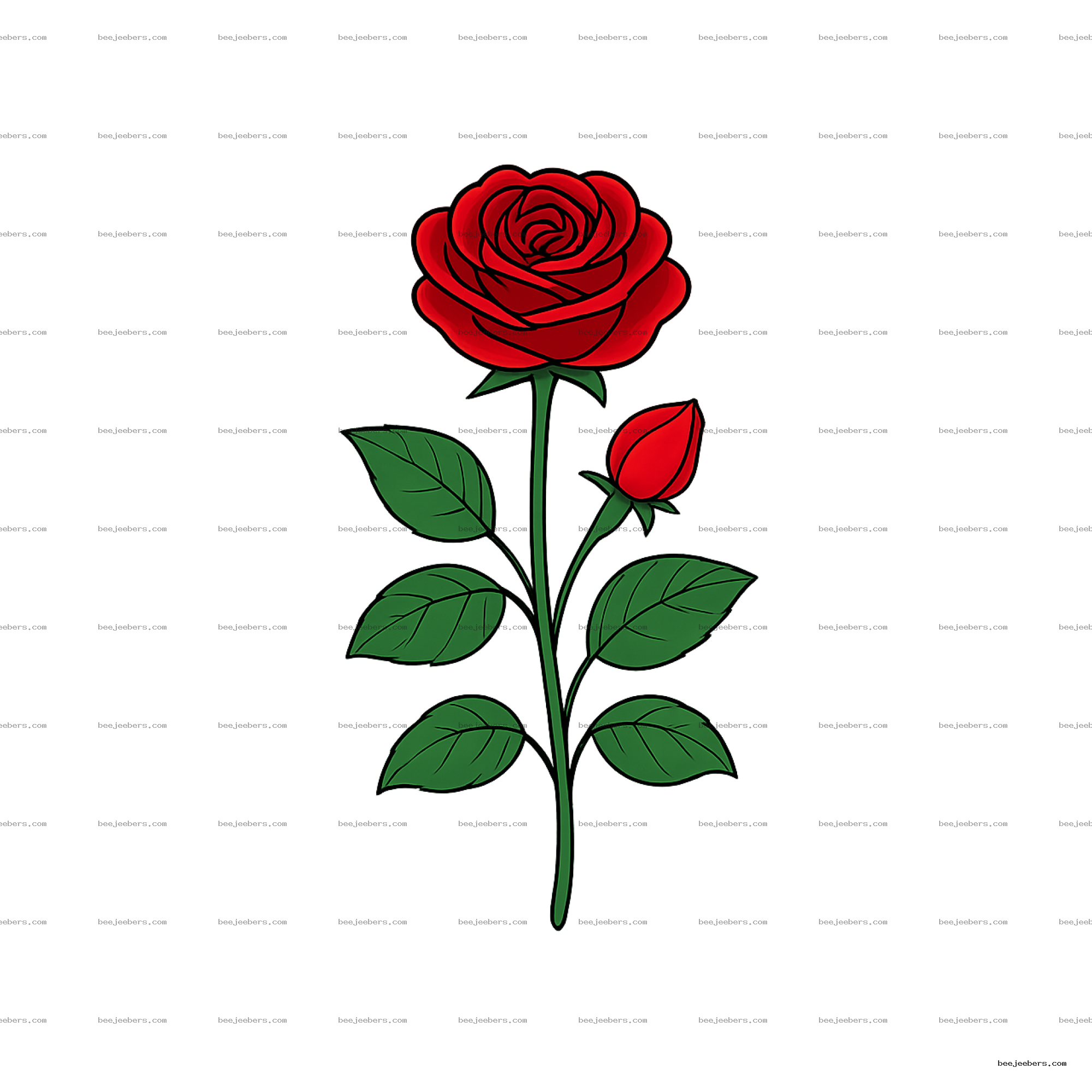 Clean vector illustration of a red rose plant with one blooming flower and one bud on transparent background