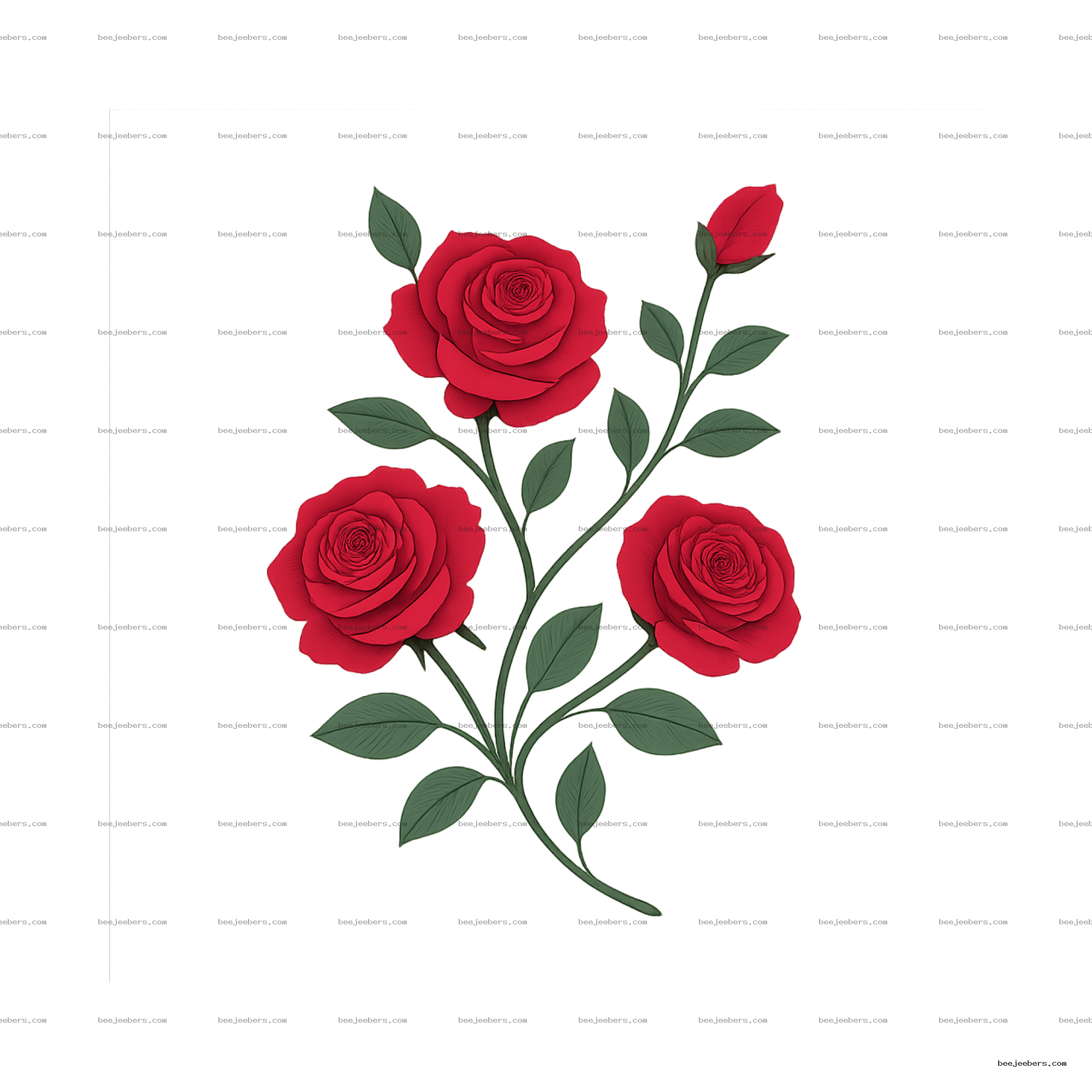 Clean vector illustration of red rose vine with blooms and buds on transparent background