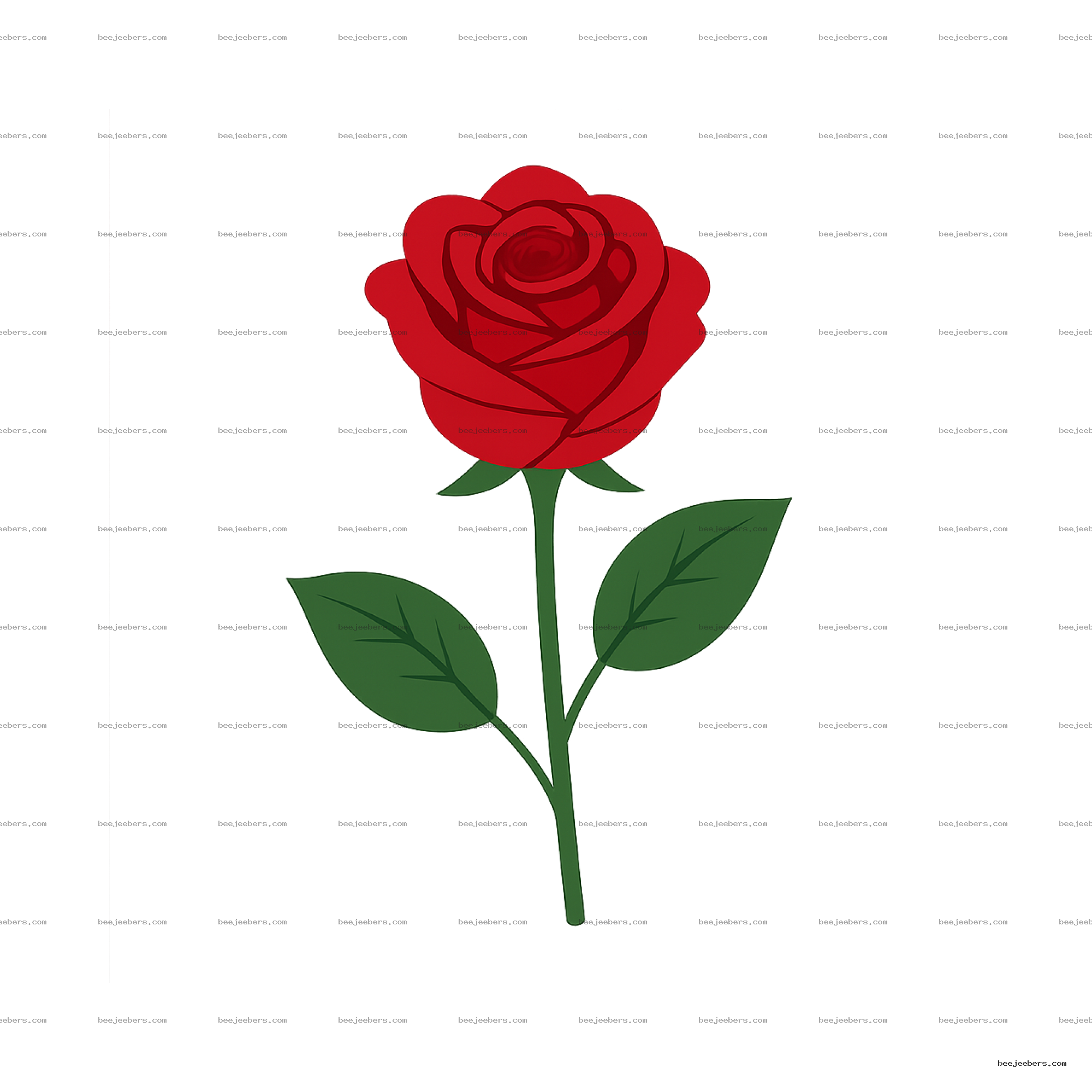 Red rose flower vector illustration with green stem and leaves on transparent background