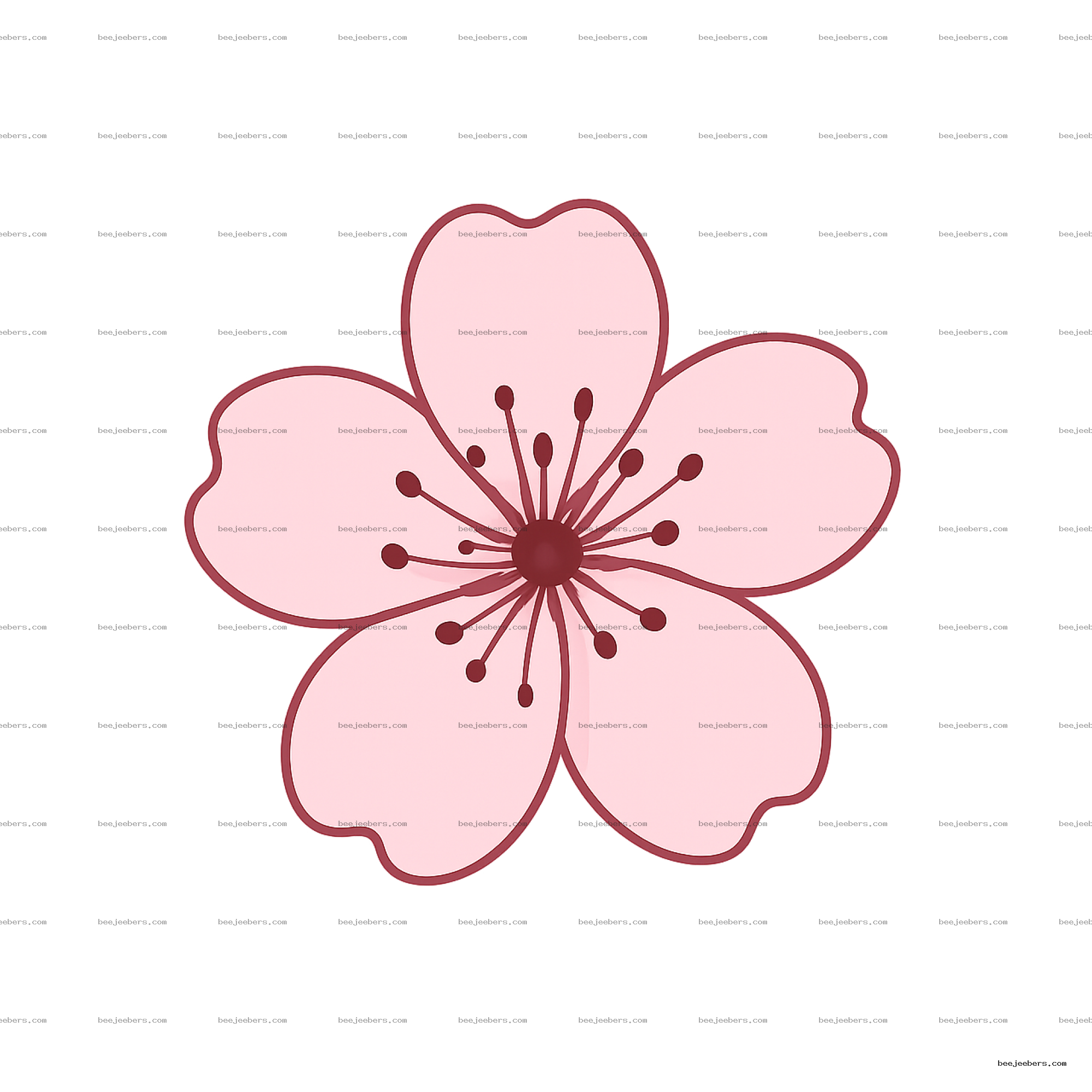 Vector illustration of a pink sakura cherry blossom flower with five petals and stamens on transparent background