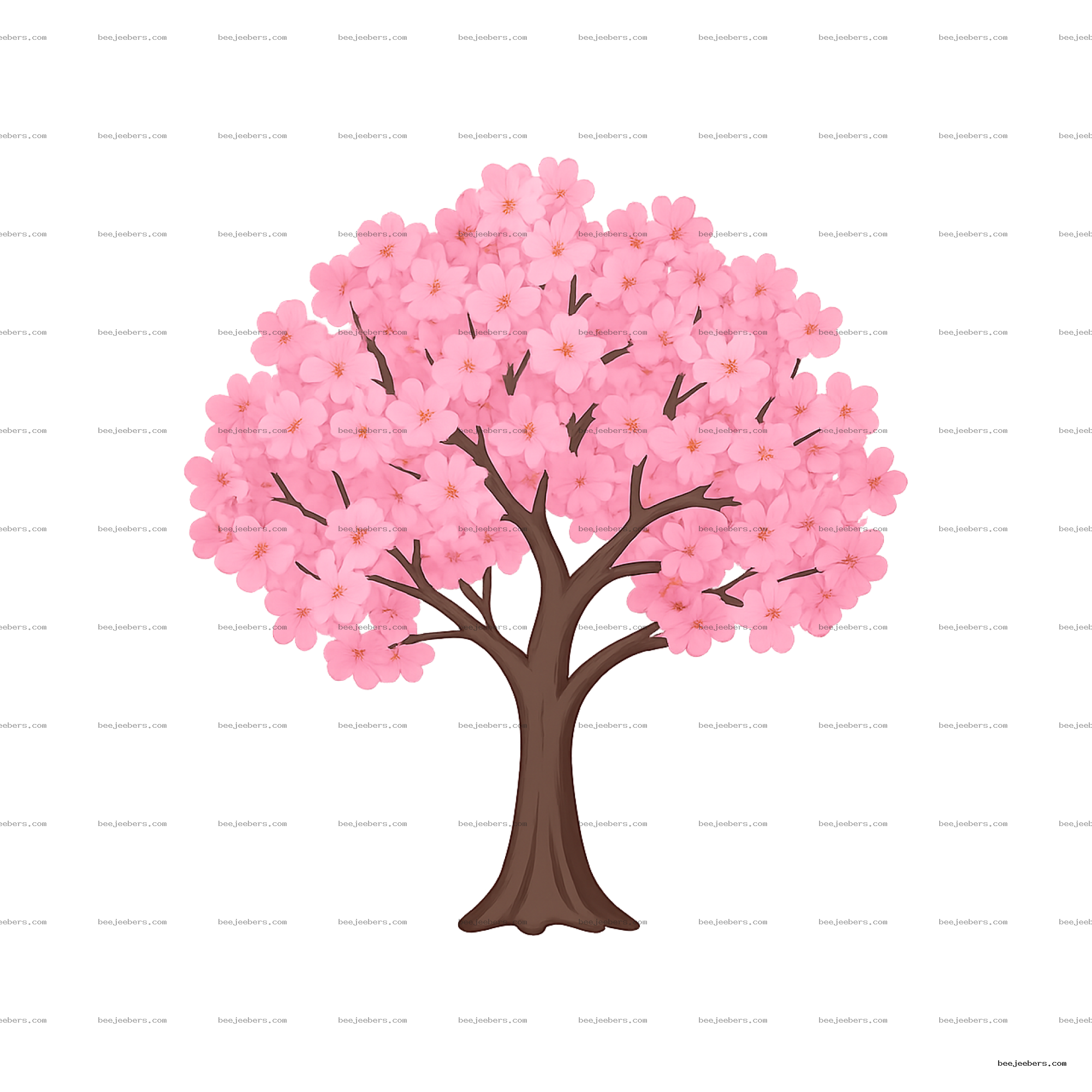 Vector sakura tree with pink cherry blossoms on brown trunk in clean style with transparent background