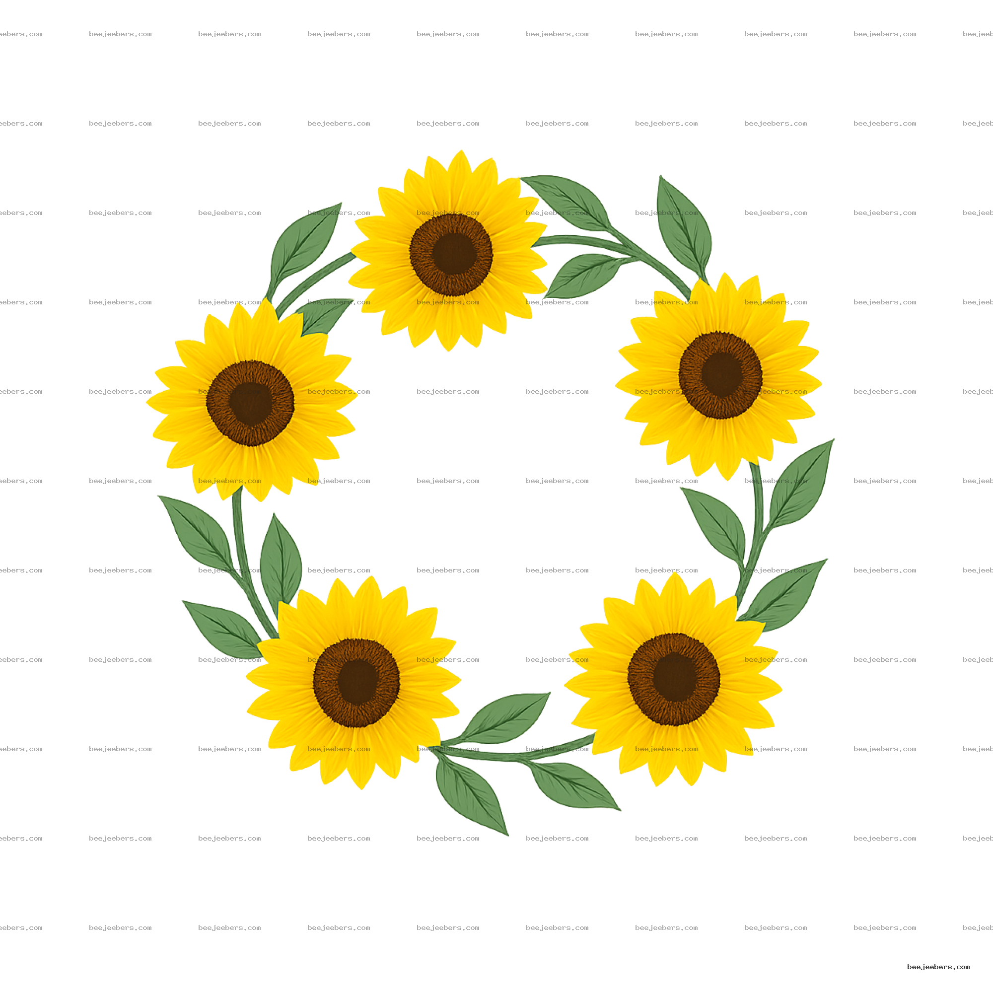 Circular sunflower wreath frame with bright yellow flowers and green leaves on transparent background
