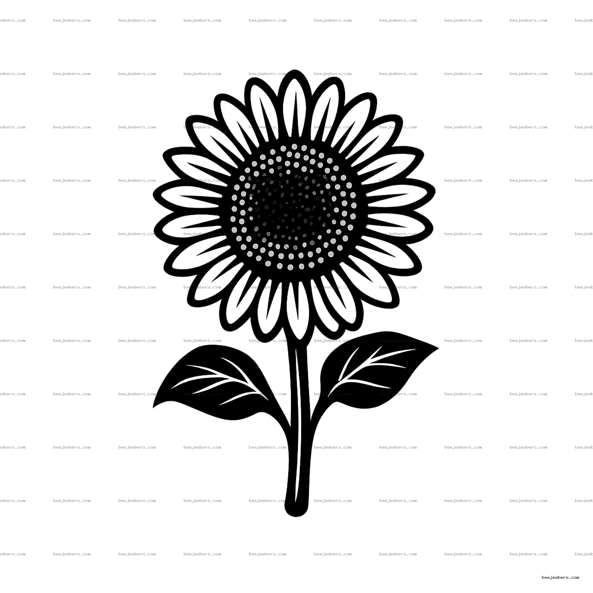 Black and white clean vector PNG of a sunflower with detailed petals and leaves on transparent background