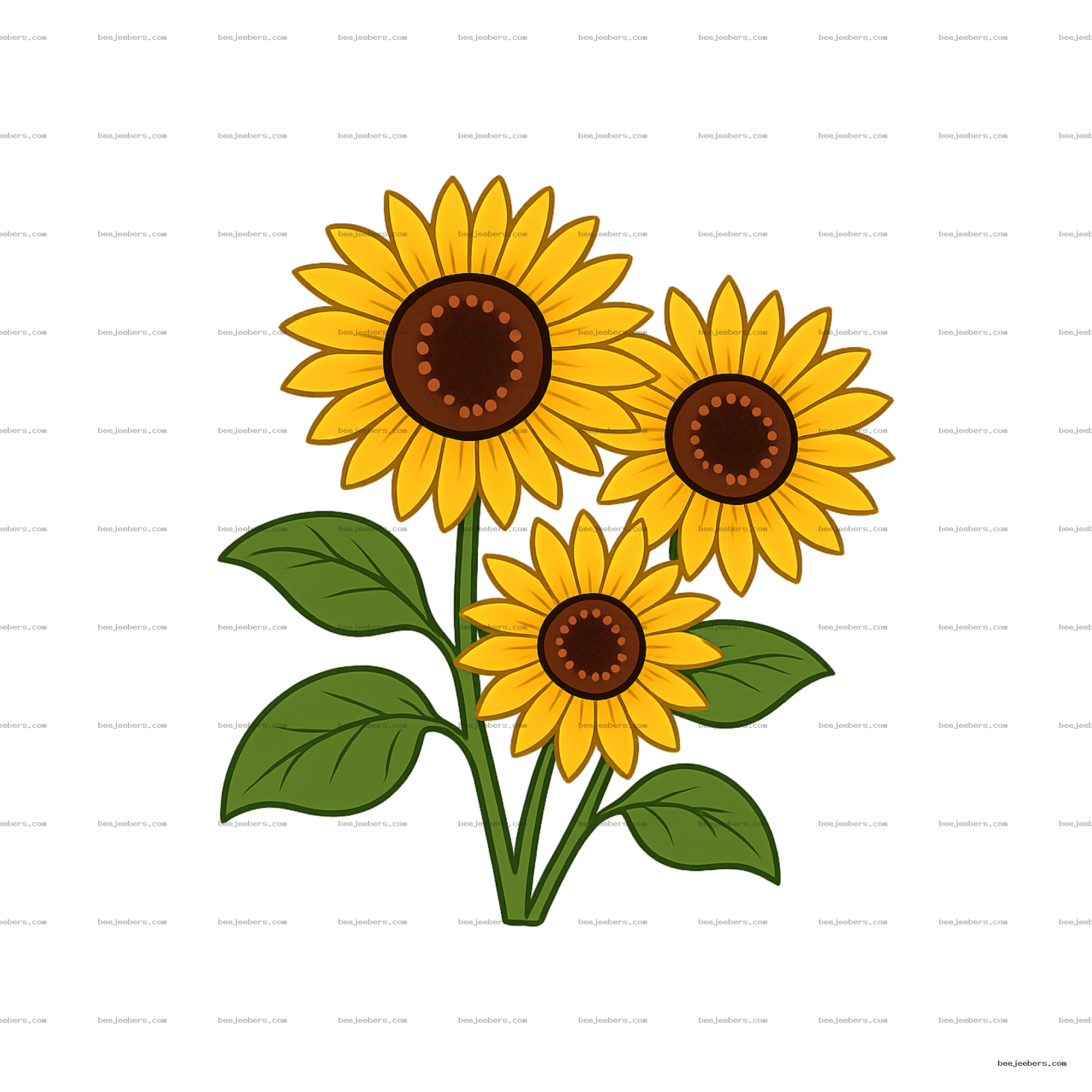 Vector illustration of bright yellow sunflowers with brown centers and green leaves on transparent background