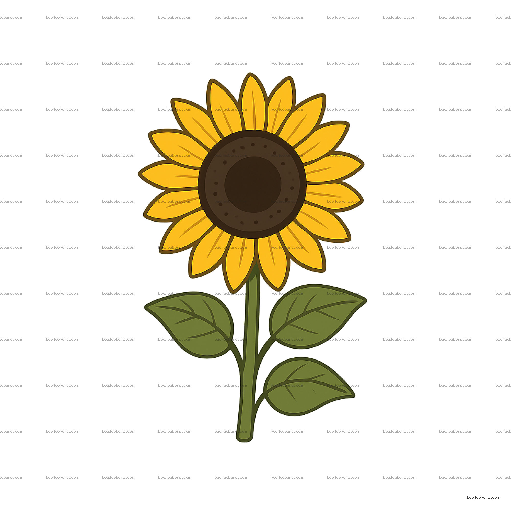Bright yellow sunflower with dark center and green leaves on transparent background, clean vector style PNG