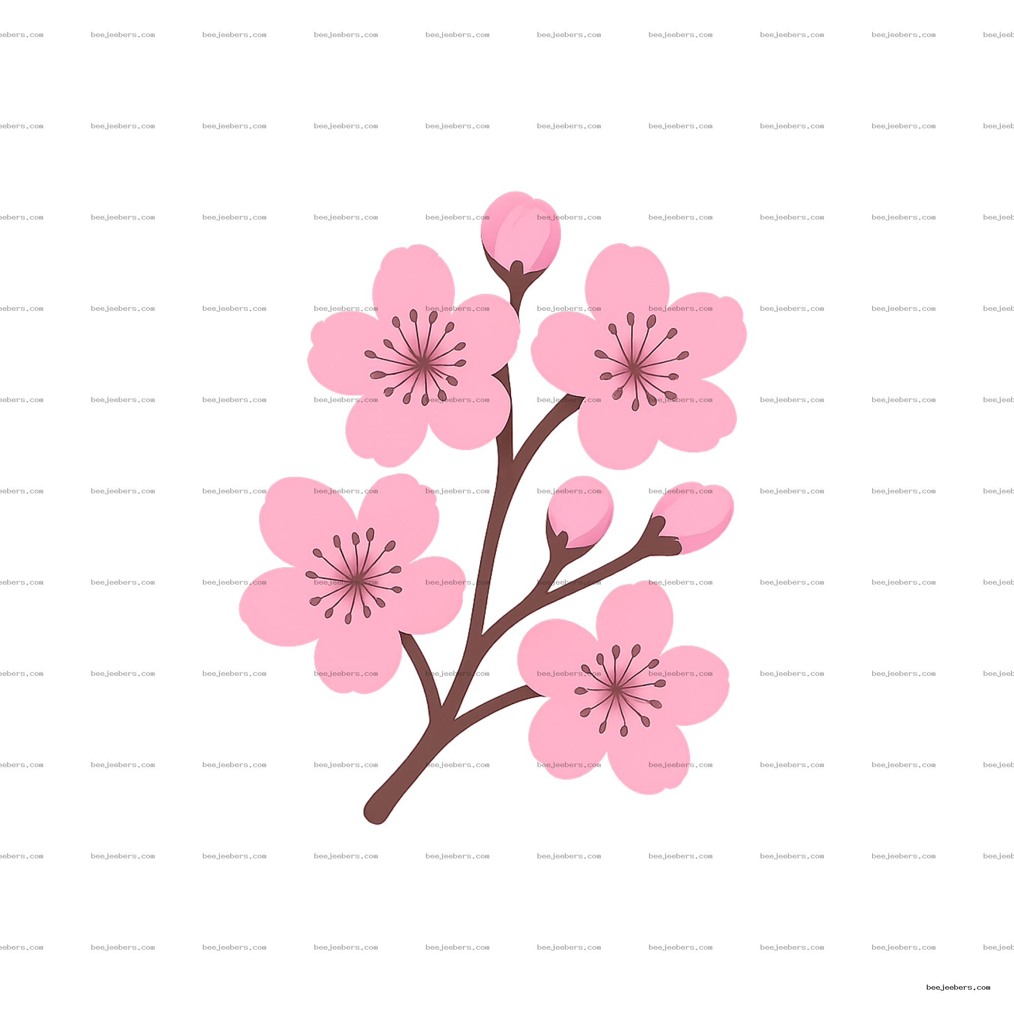 Clean vector cherry blossom branch with pink flowers and buds on transparent background