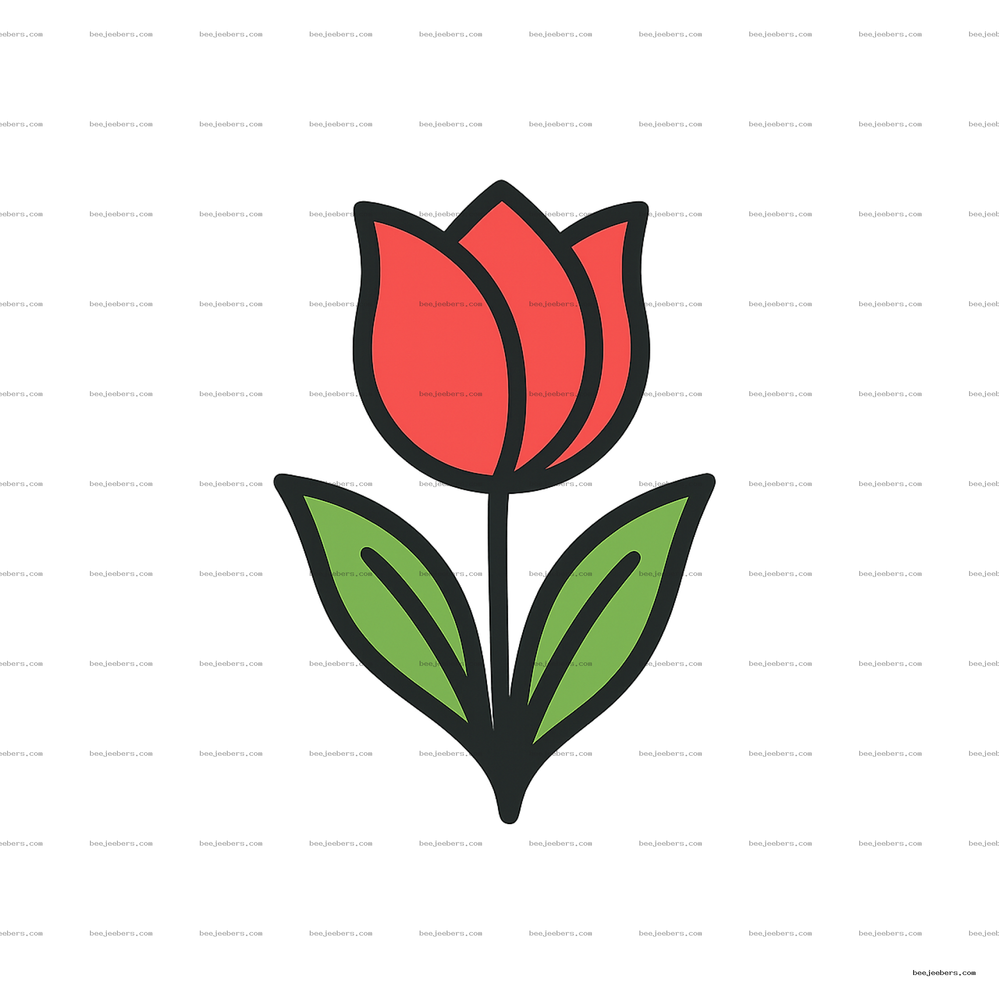 Minimalist tulip flower logo with three red petals and green leaves on transparent background