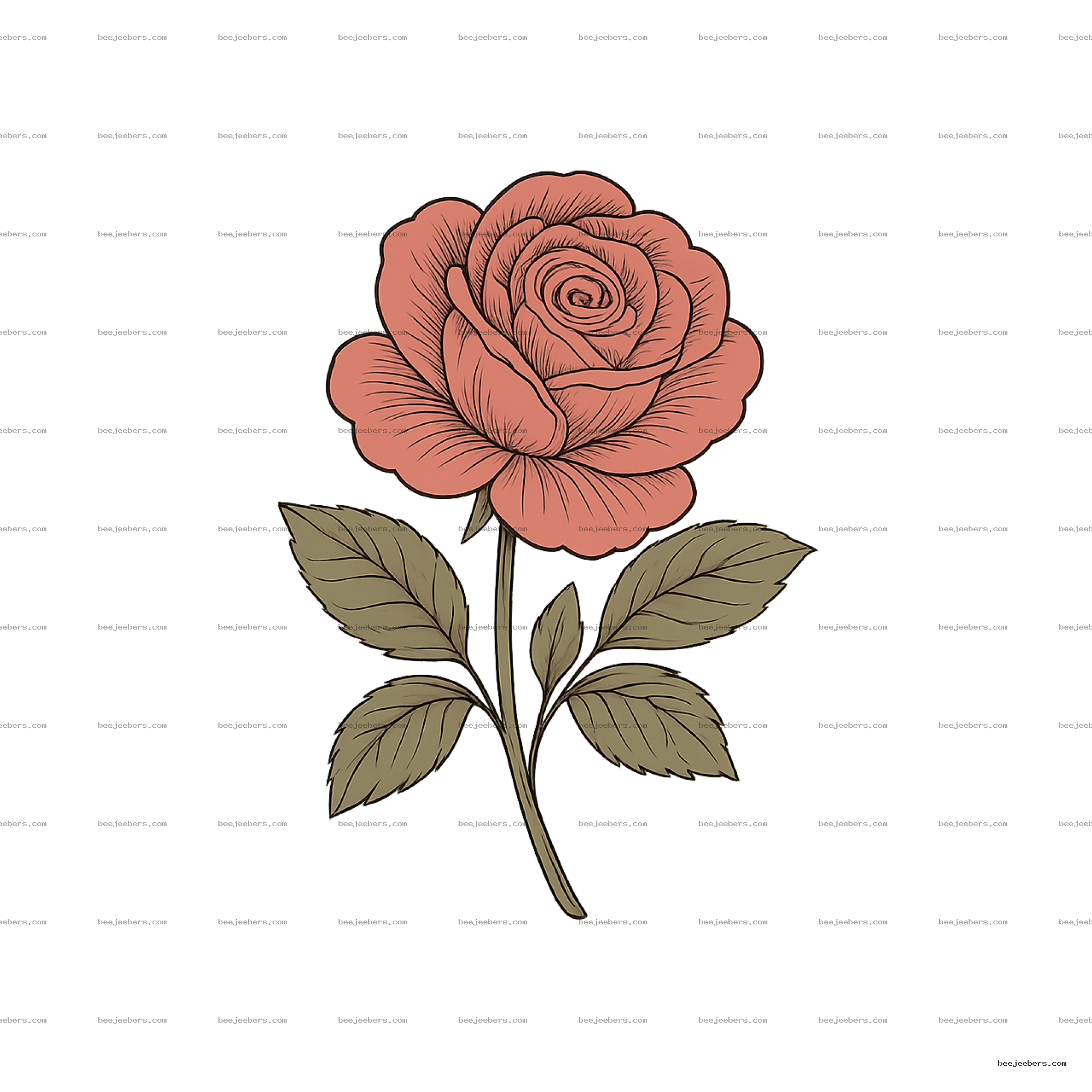 Clean vector vintage rose clipart with pink petals and green leaves on transparent background