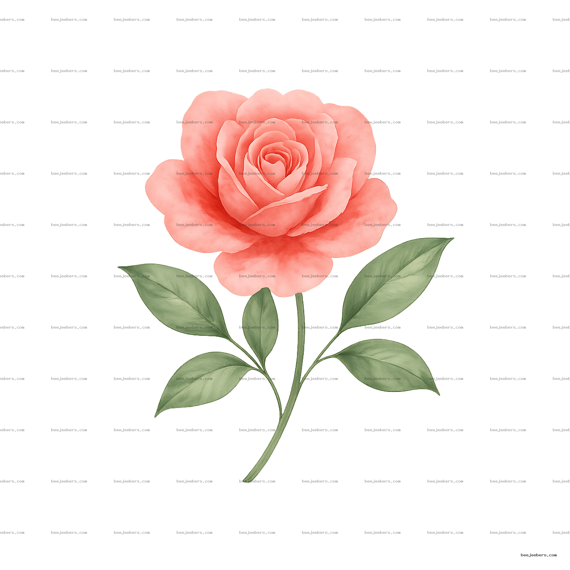 Pink watercolor rose with green leaves on transparent background